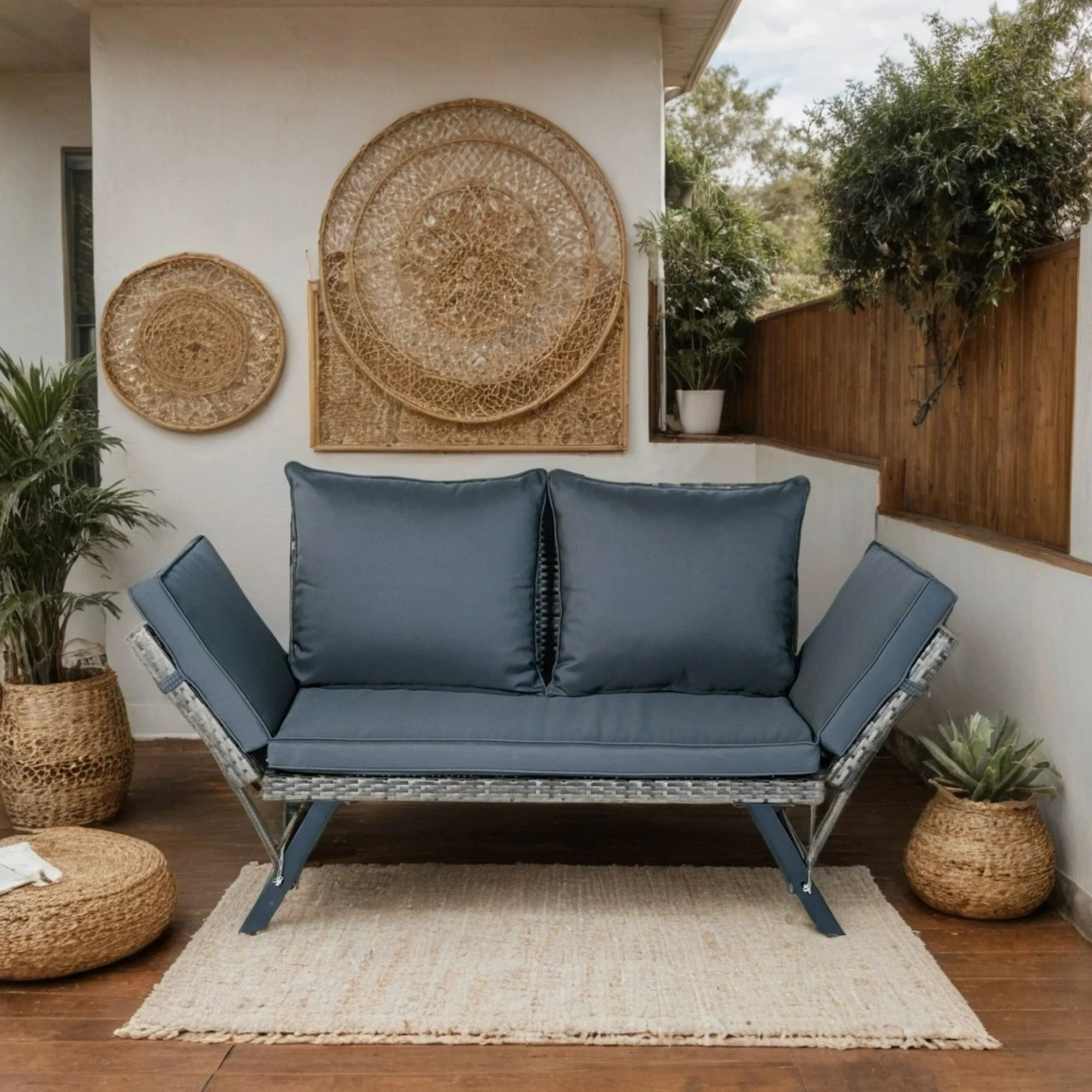 1 Pieces Patio Wicker Side Foldable Bench Patio Backyard Conversation Bench Gray Wicker - Dark Gray - Image 3