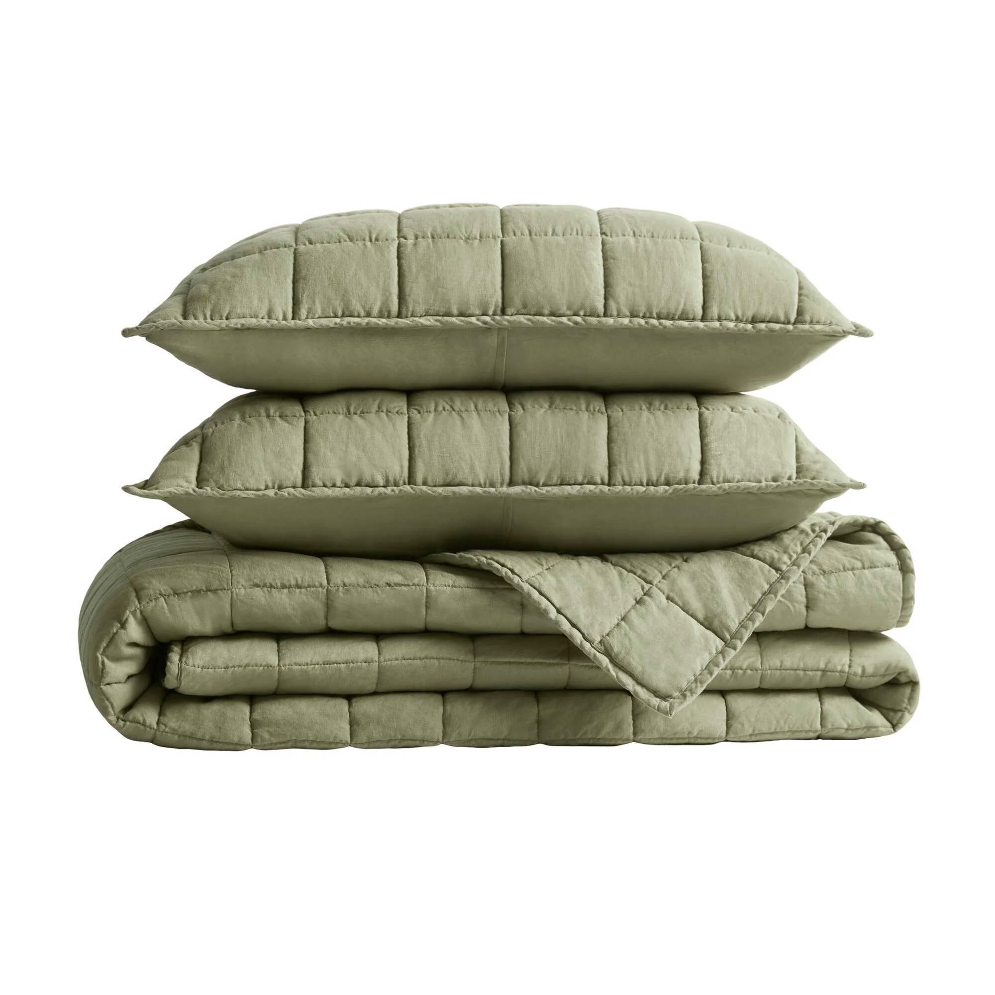100% Linen - Full/Queen Linen Garment Washed Quilt Set - Olive Green - Image 3