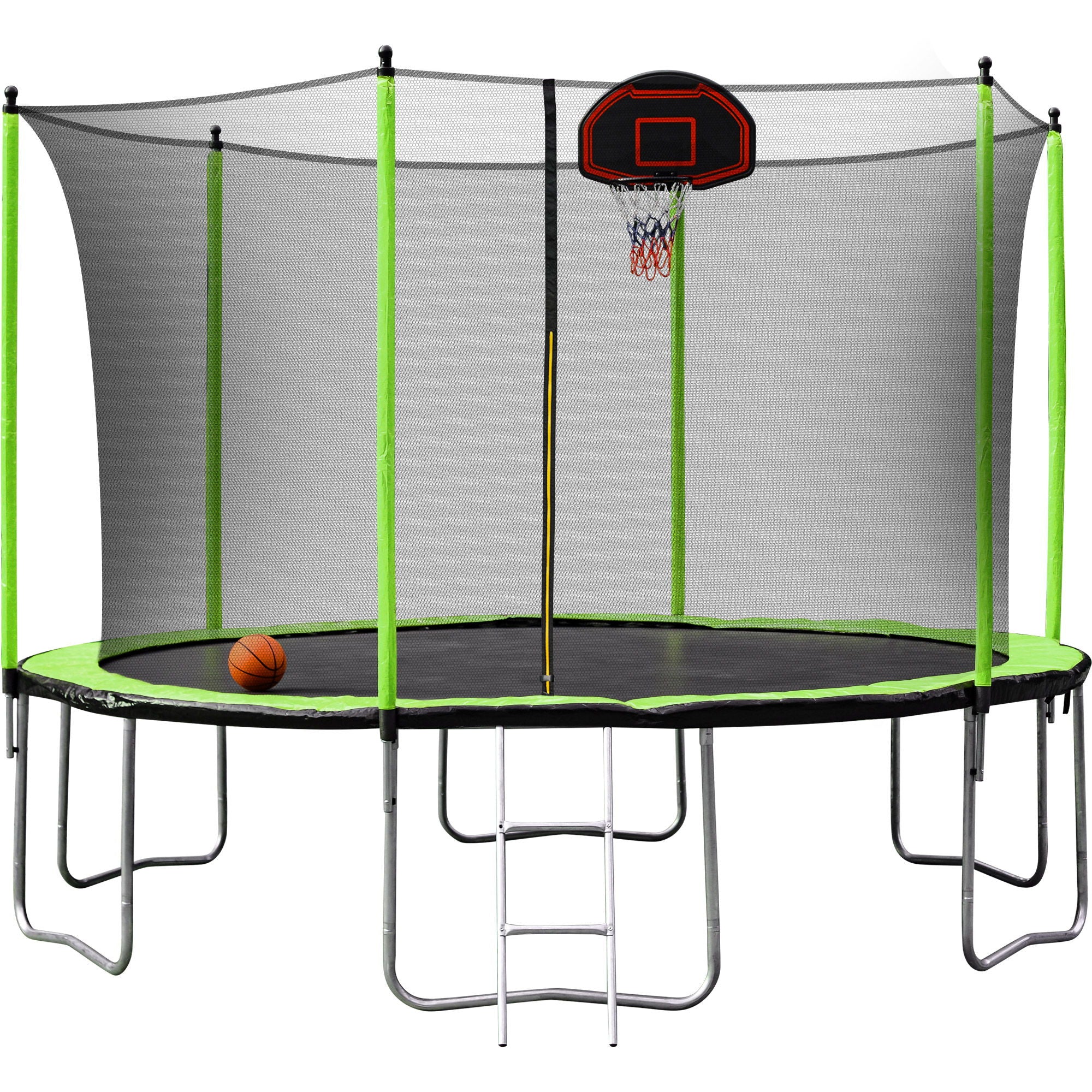 14Ft Trampoline With Basketball Hoop Inflator And Ladder (Inner Safety Enclosure) - Green - Image 2