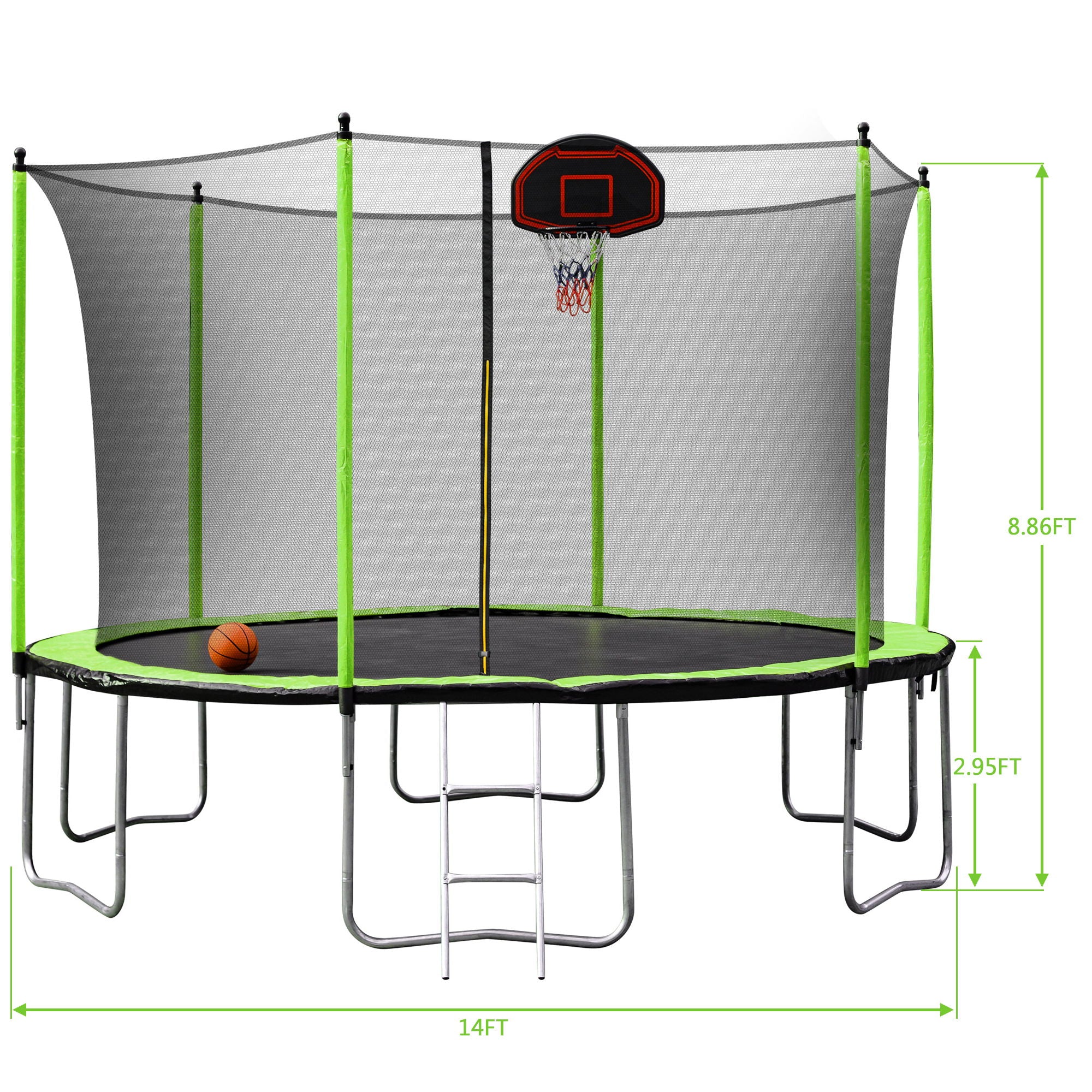 14Ft Trampoline With Basketball Hoop Inflator And Ladder (Inner Safety Enclosure) - Green - Image 3