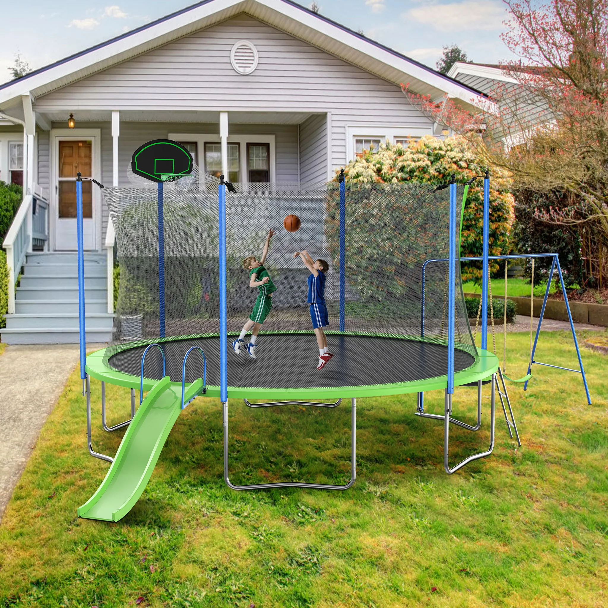 14Ft Trampoline With Slide And Swings, Astm Approved Large Recreational Trampoline With Basketball Hoop And Ladder, Outdoor Backyard Trampoline With Net, Capacity For Kids And Adults - Green / Blue - Image 2