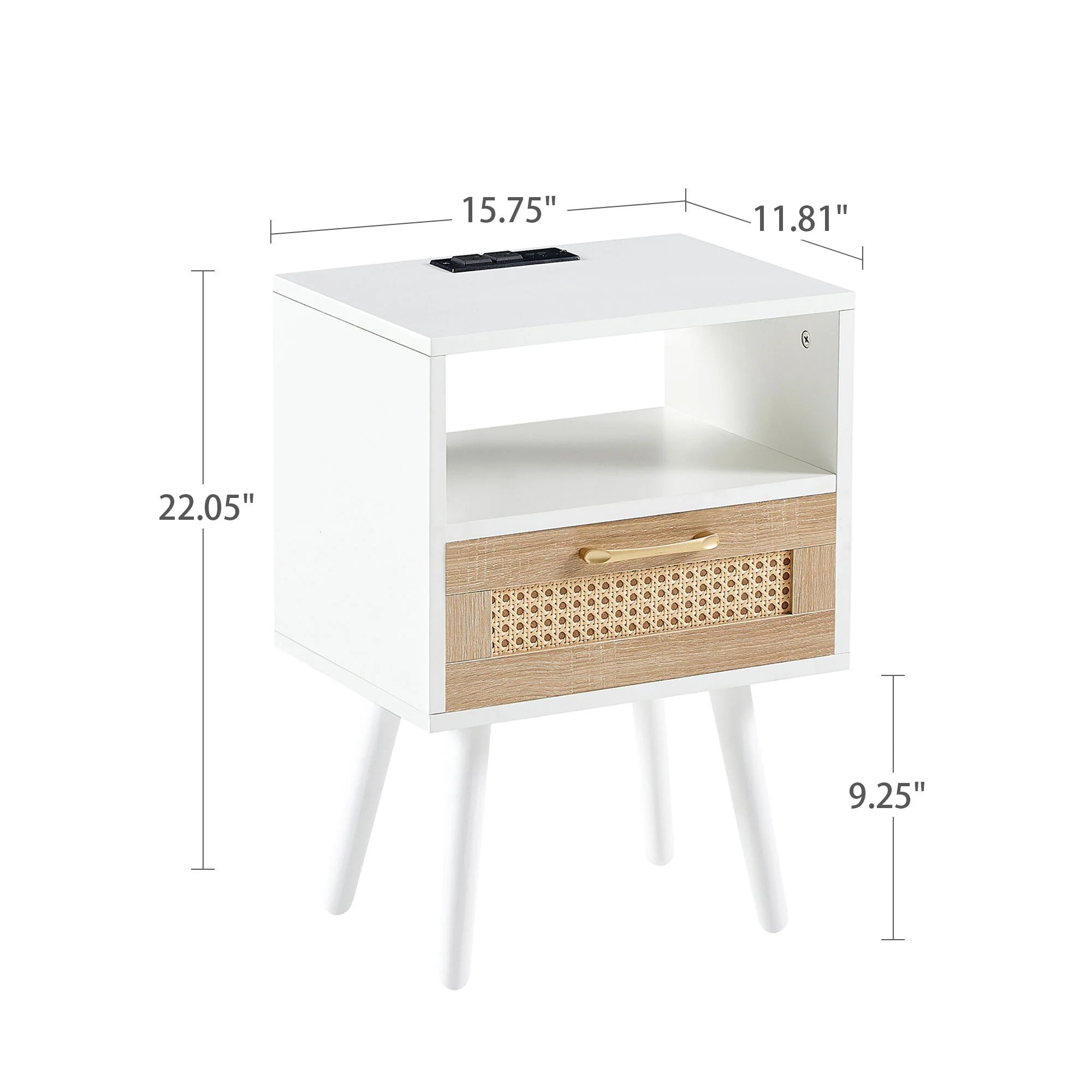 15.75" Rattan End Table With Power Outlet & USB Ports, Modern Nightstand With Drawer And Solid Wood Legs, Side Table For Living Room, Bedroom - Image 4