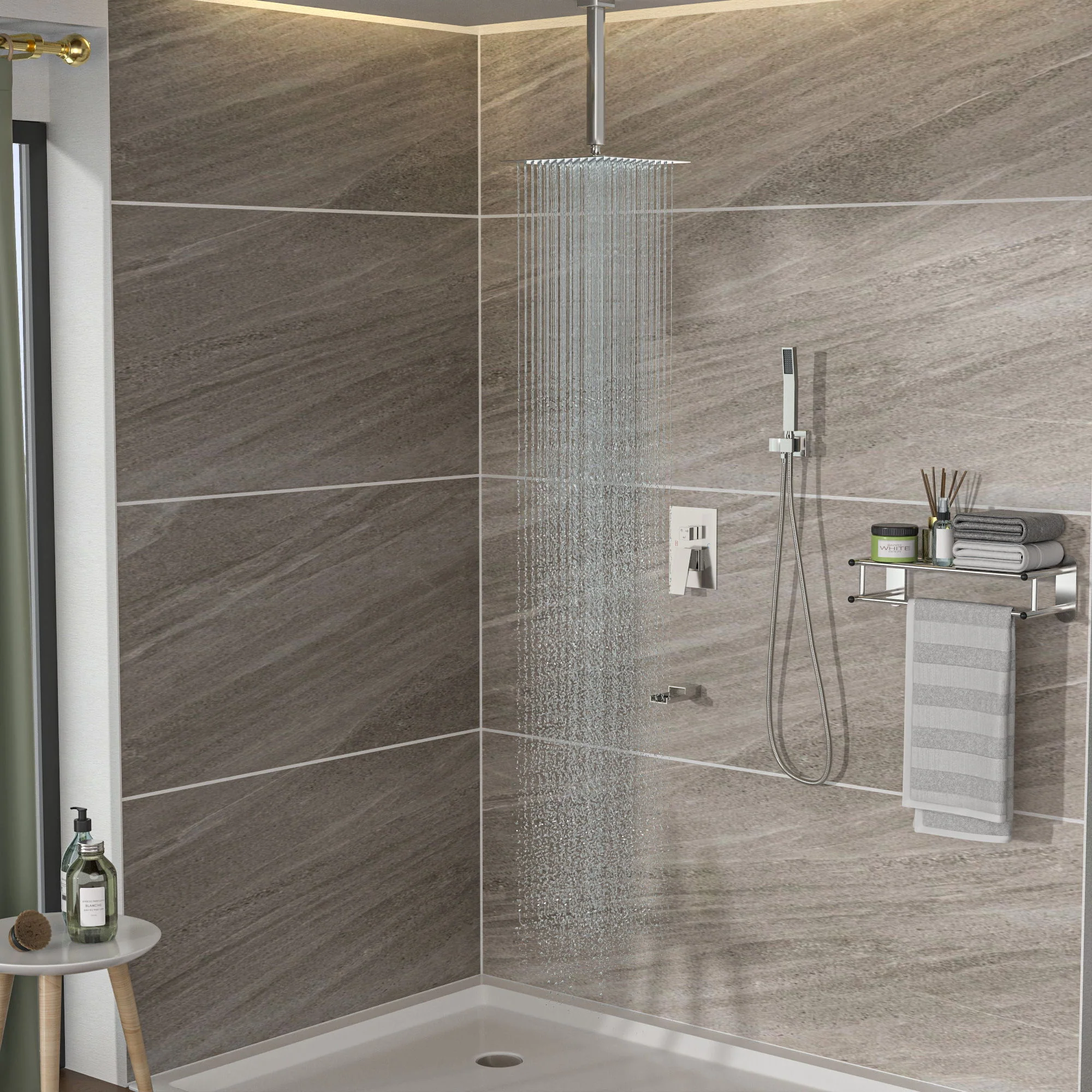 16" Ceiling Mount Square Shower System With Waterfall Tub Spout And Rough In Valve - Image 3