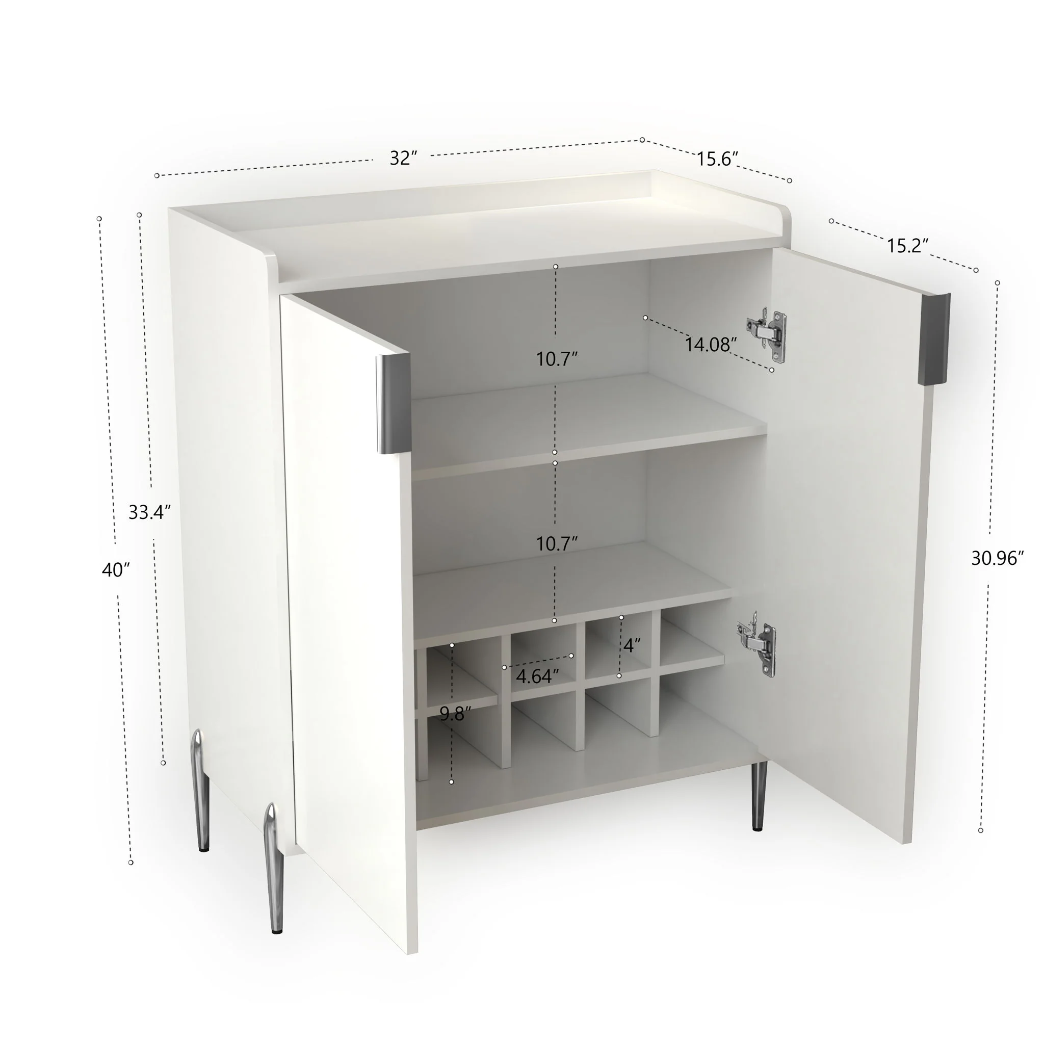 2 Door Wine Bar Cabinet With Adjustable Shelf, Soft-Closing Hinges, And High Feet - White - Image 2