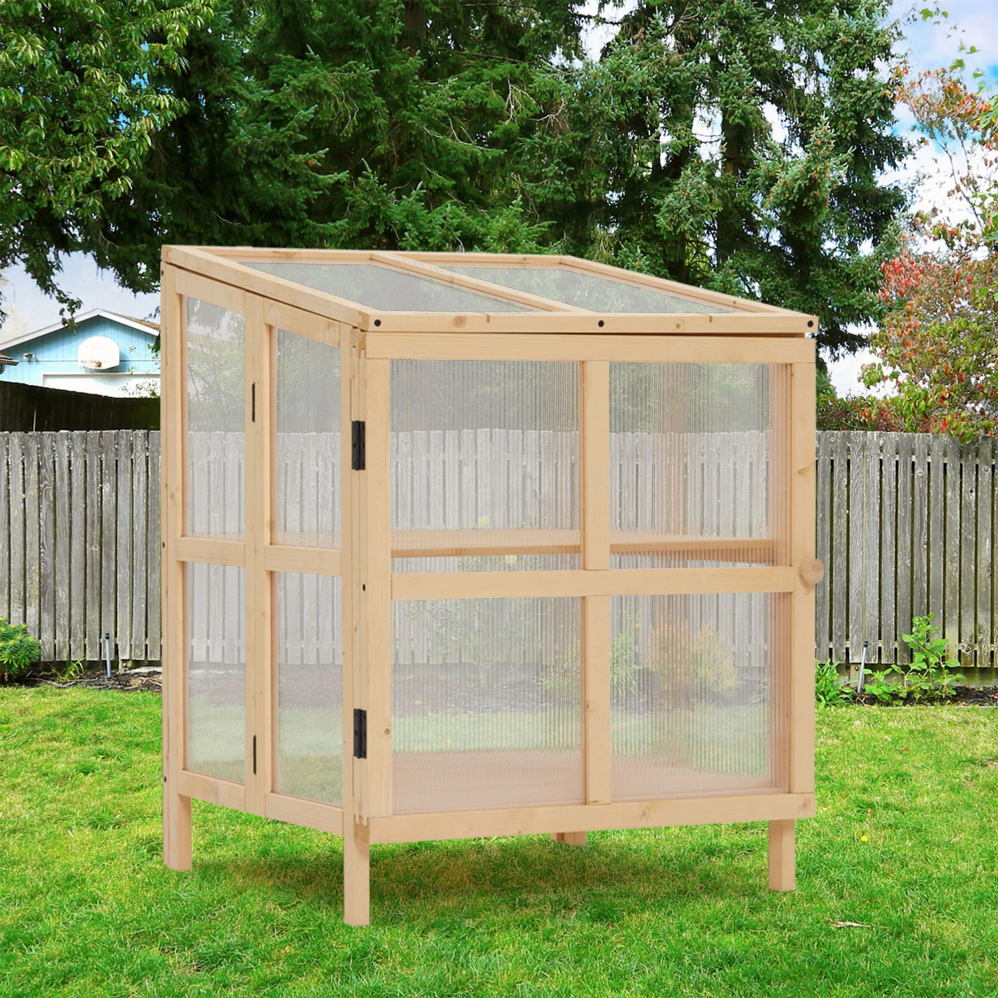 2 Tier Foldable Cold Frame Greenhouse, Portable Wooden Greenhouse Garden Cold Frame Raised Planter Box With Shelves - Natural Wood - Image 3