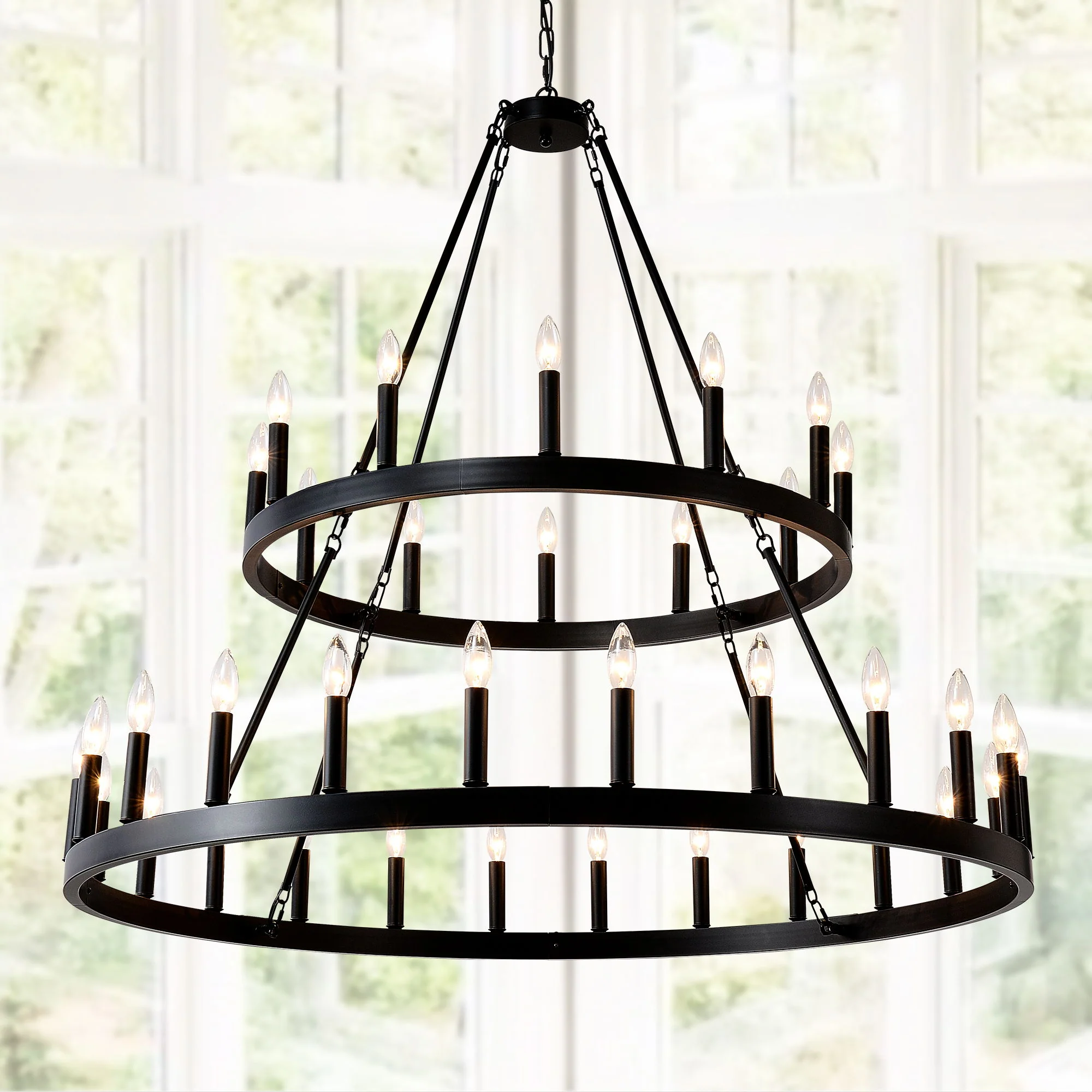 2 Tiers Wagon Wheel Chandelier Wooden Farmhouse 36 Light (24 / 12) Or (12 / 24) Metal Chandeliers 2 Story Light Fixtures Industrial For High Ceiling Living Dining Room Foyer, Adjustable Height - Black - Image 4
