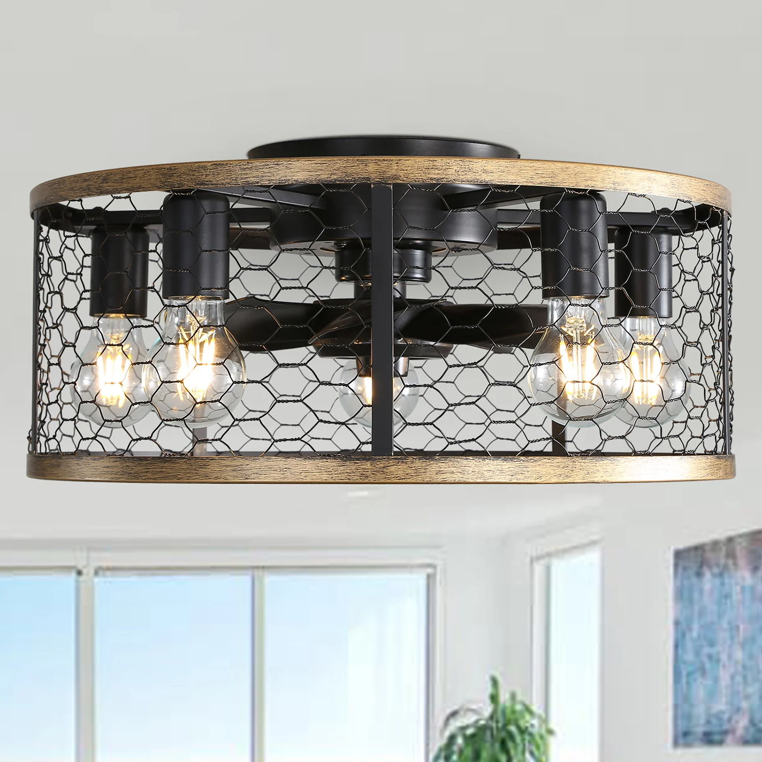 20" Industrial Caged Ceiling Fan, With 7 - ABS Blades Remote Control Reversible DC Motor, Small Flush Mount Ceiling Fan For Farmhouse - Black - Image 3