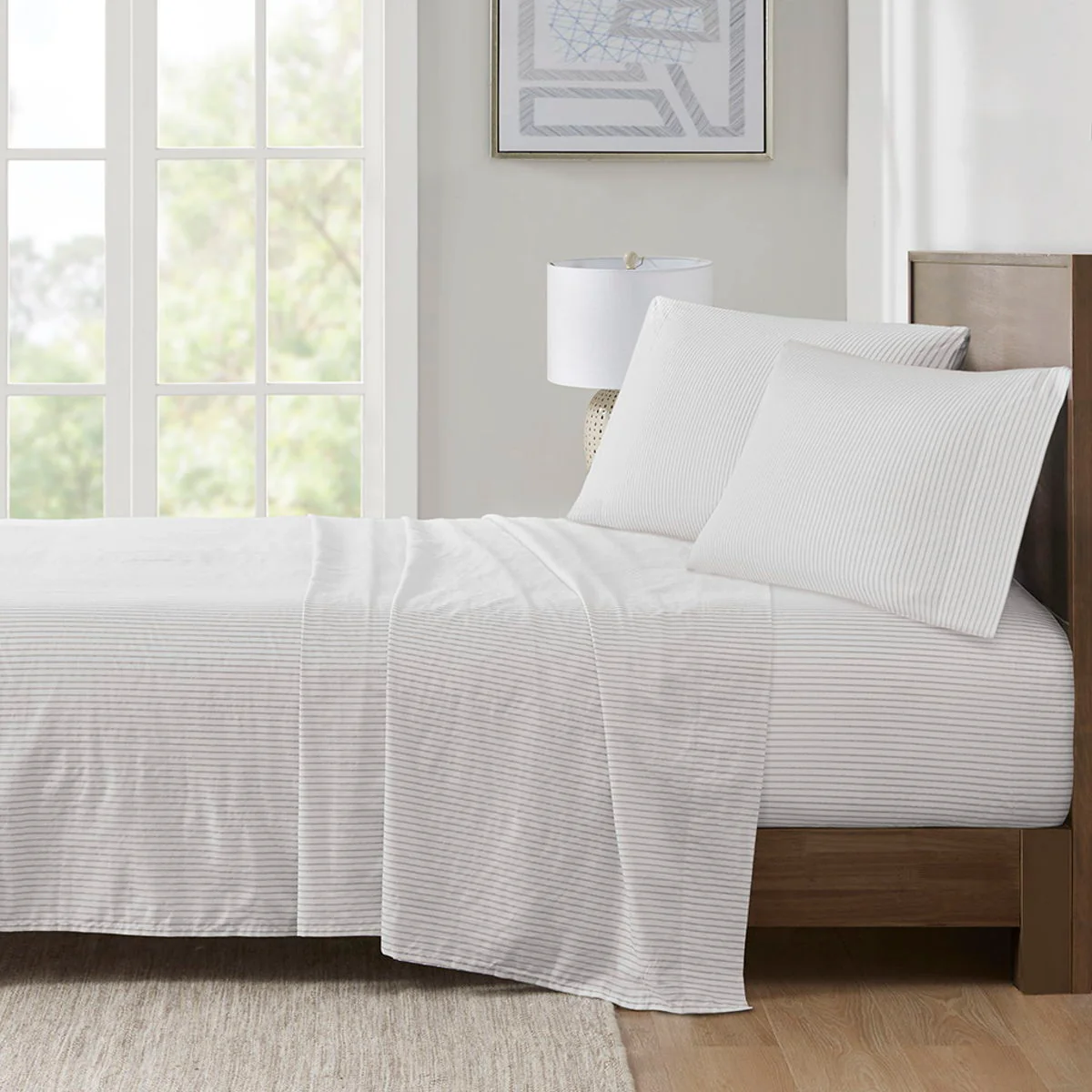 200 Thread Count Printed Cotton - Queen Sheet Set - Gray Stripe