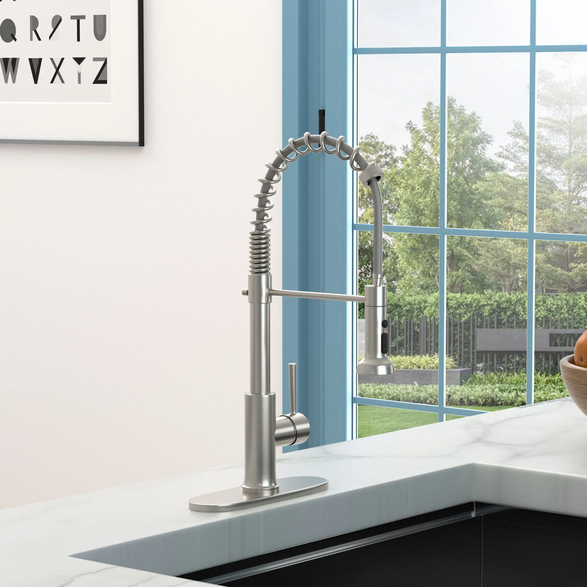 21" Commercial Kitchen Faucet With Dual Function Pull Down Sprayhead In, Stainless Steel - Brushed Nickel - Image 3