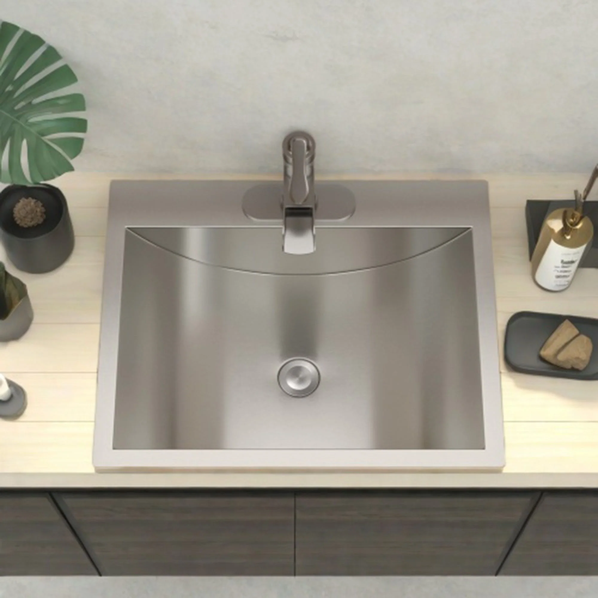 21 X 17" Drop In Bathroom Sink With Pop Up Drain, Stainless Steel Su304, Durable & Rust Resistant, Easy Installation - Brushed Nickel - Image 2