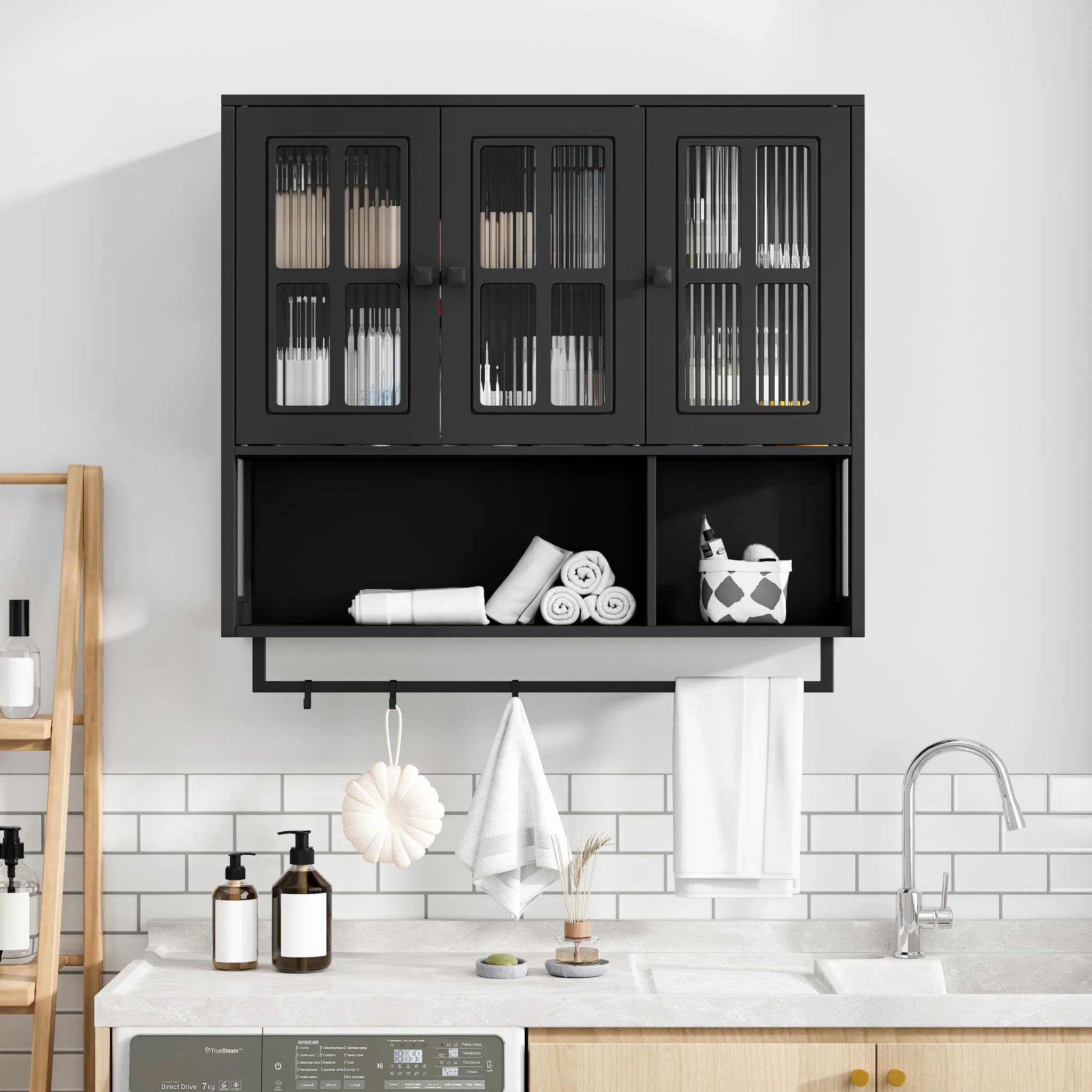 3 Door Wall Cabinet With Glass Door And Towel Bar - Image 8