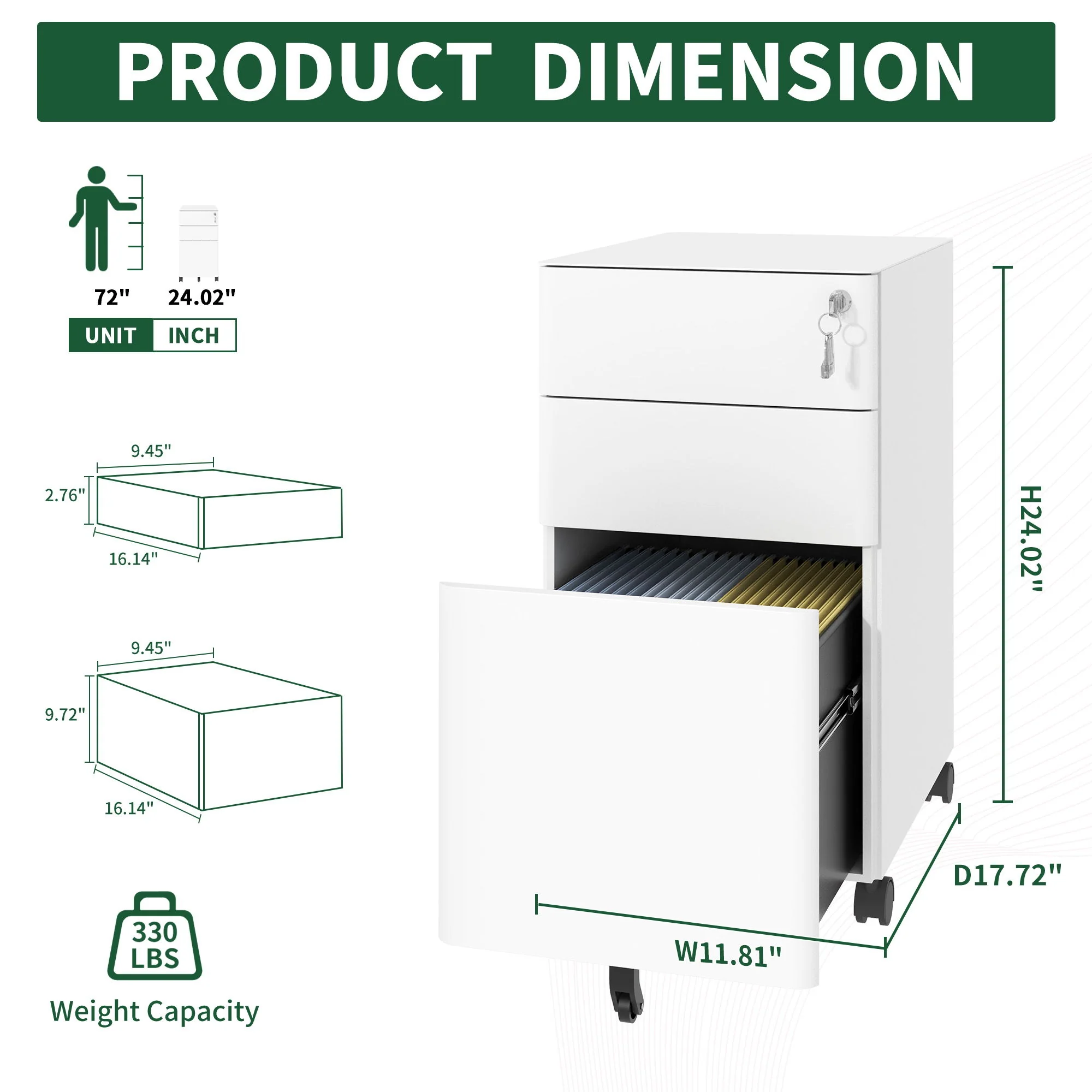 3-Drawer Mobile File Cabinet With Lock, On Wheels, Two Shallow & One Deep Drawer For Office/Home, Fully Assembled - White - Image 2