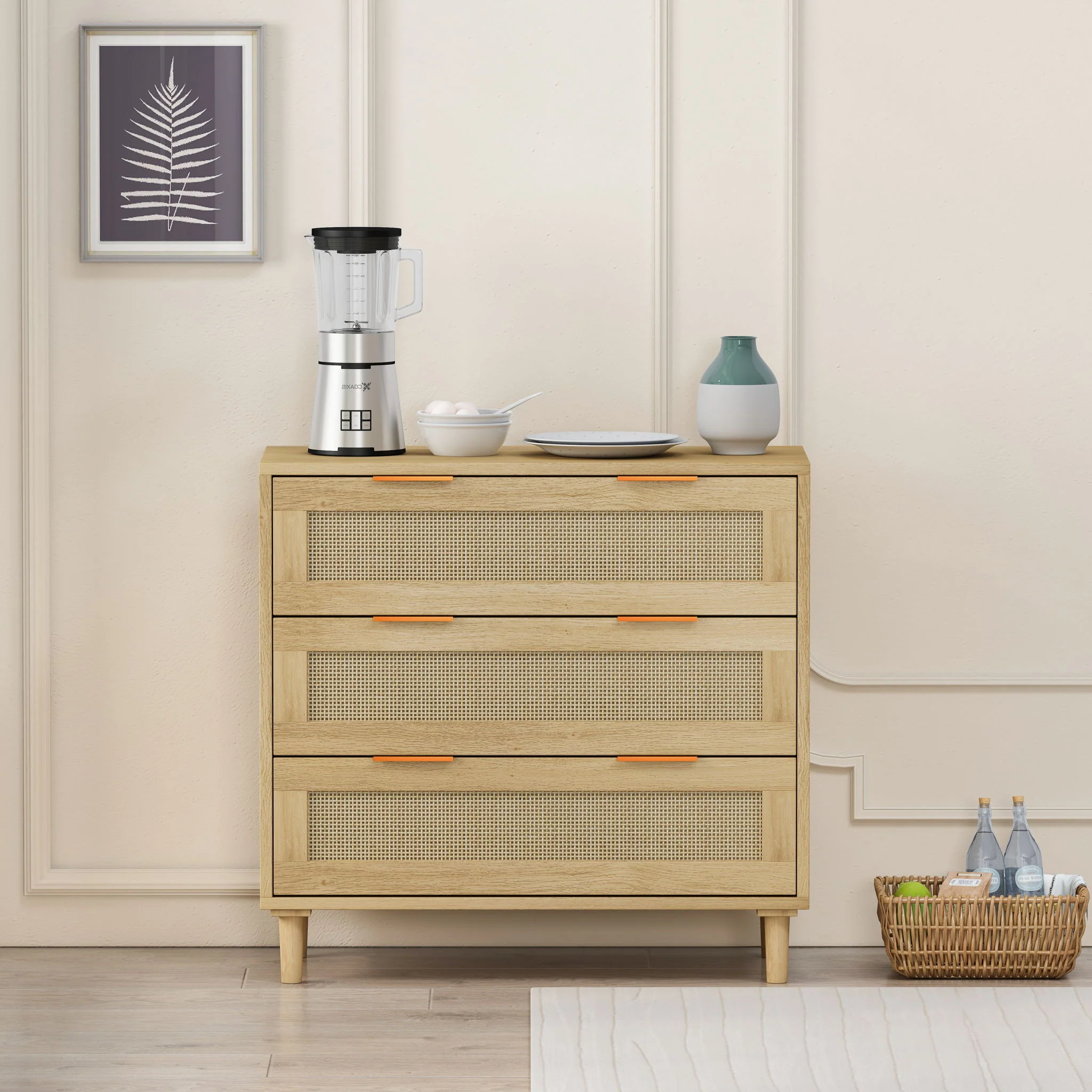 3 Drawer Storage Cabinet With Rattan Drawers For Bedroom, Living Room - Oak - Image 4