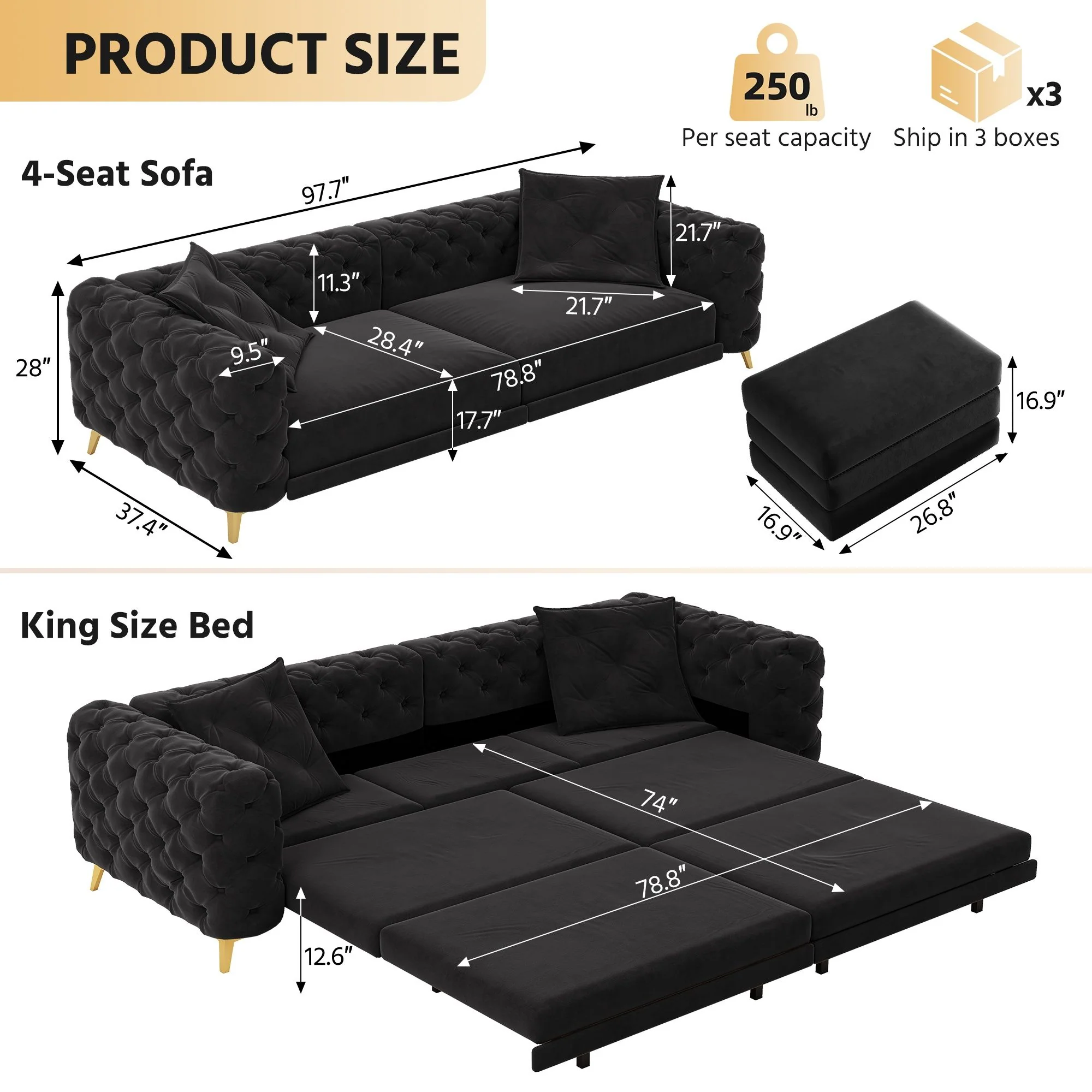 3 In 1 Convertible Sleeper, Deep Seat Pull Out Sofa Bed, Button Tufted - Image 18