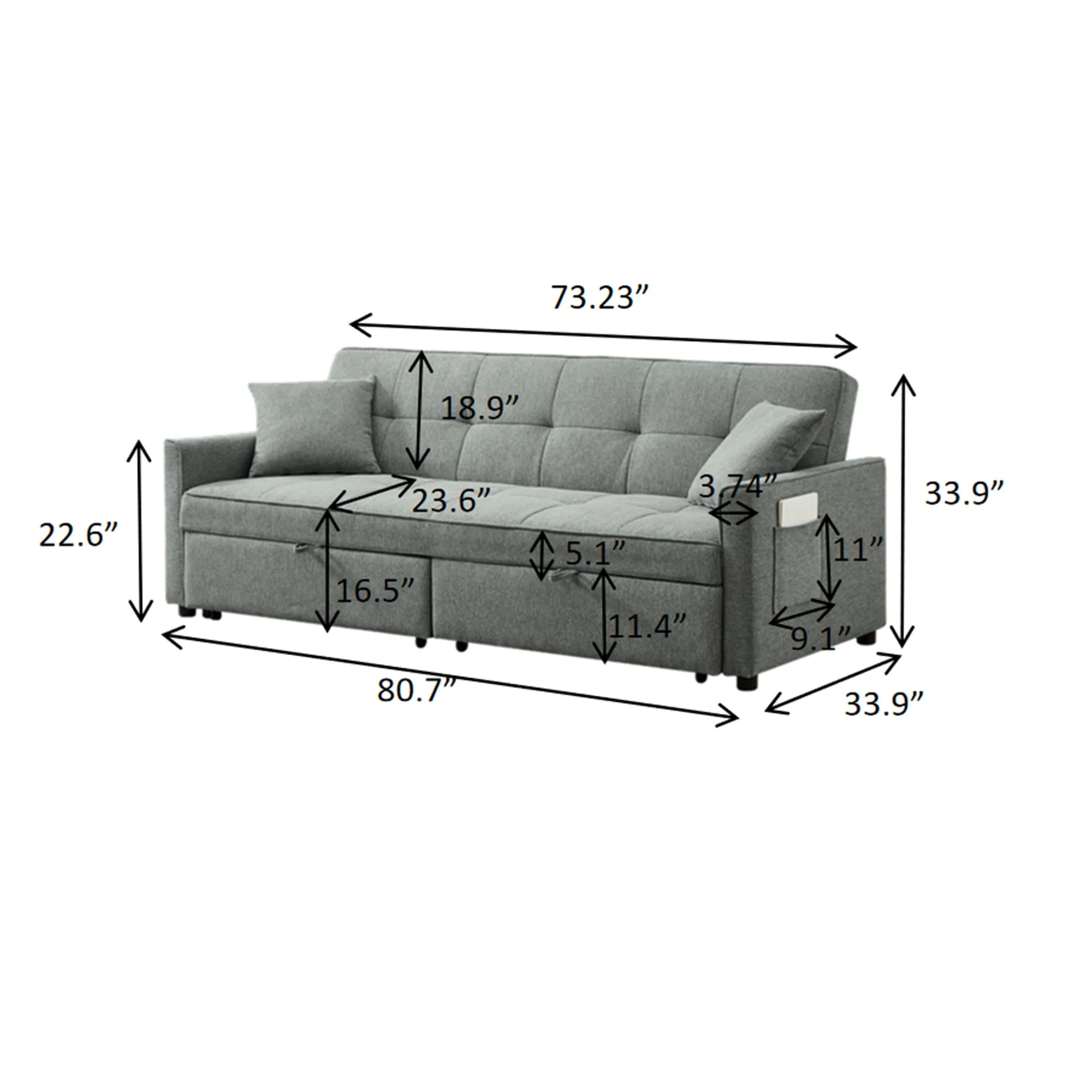 3 In 1 Convertible Sleeper Sofa Bed, Reclining Backrest, Pillows, Pockets - Image 12