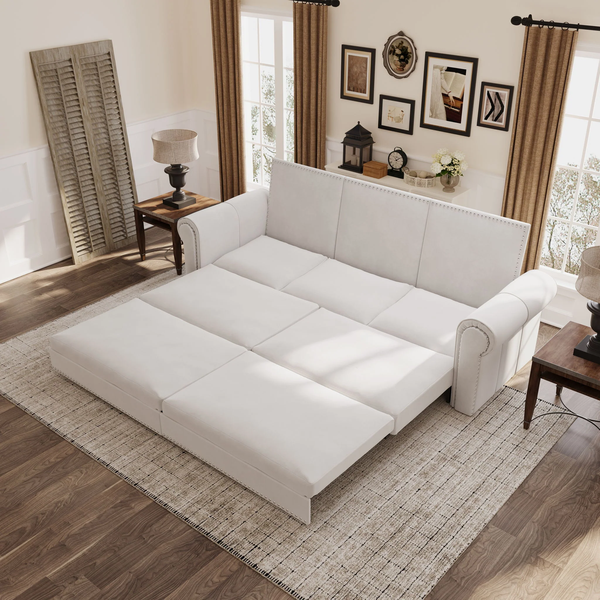 3 In 1 Convertible Sleeper Sofa With Nailhead Trim & Rolled Arm - Image 11