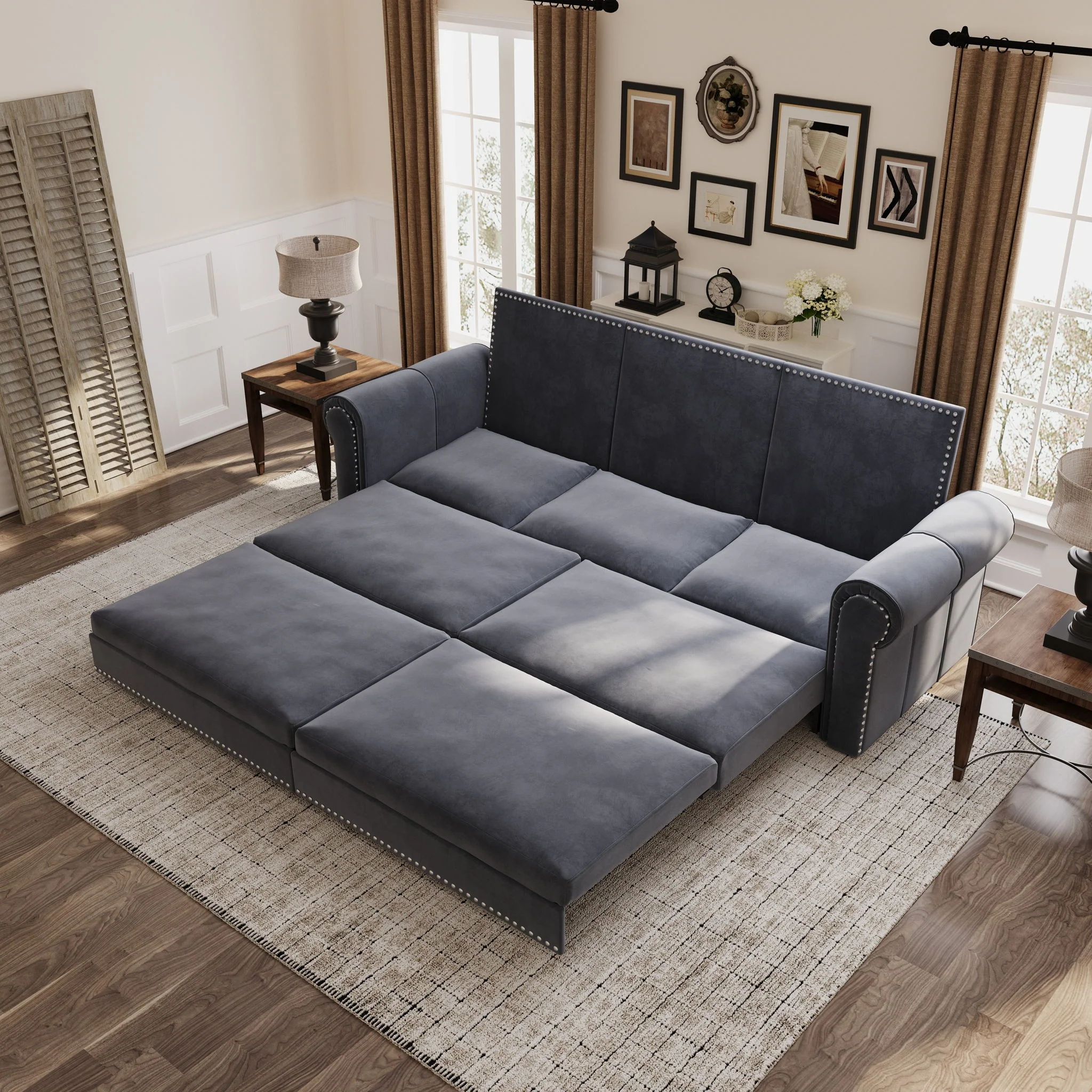 3 In 1 Convertible Sleeper Sofa With Nailhead Trim & Rolled Arm - Image 18