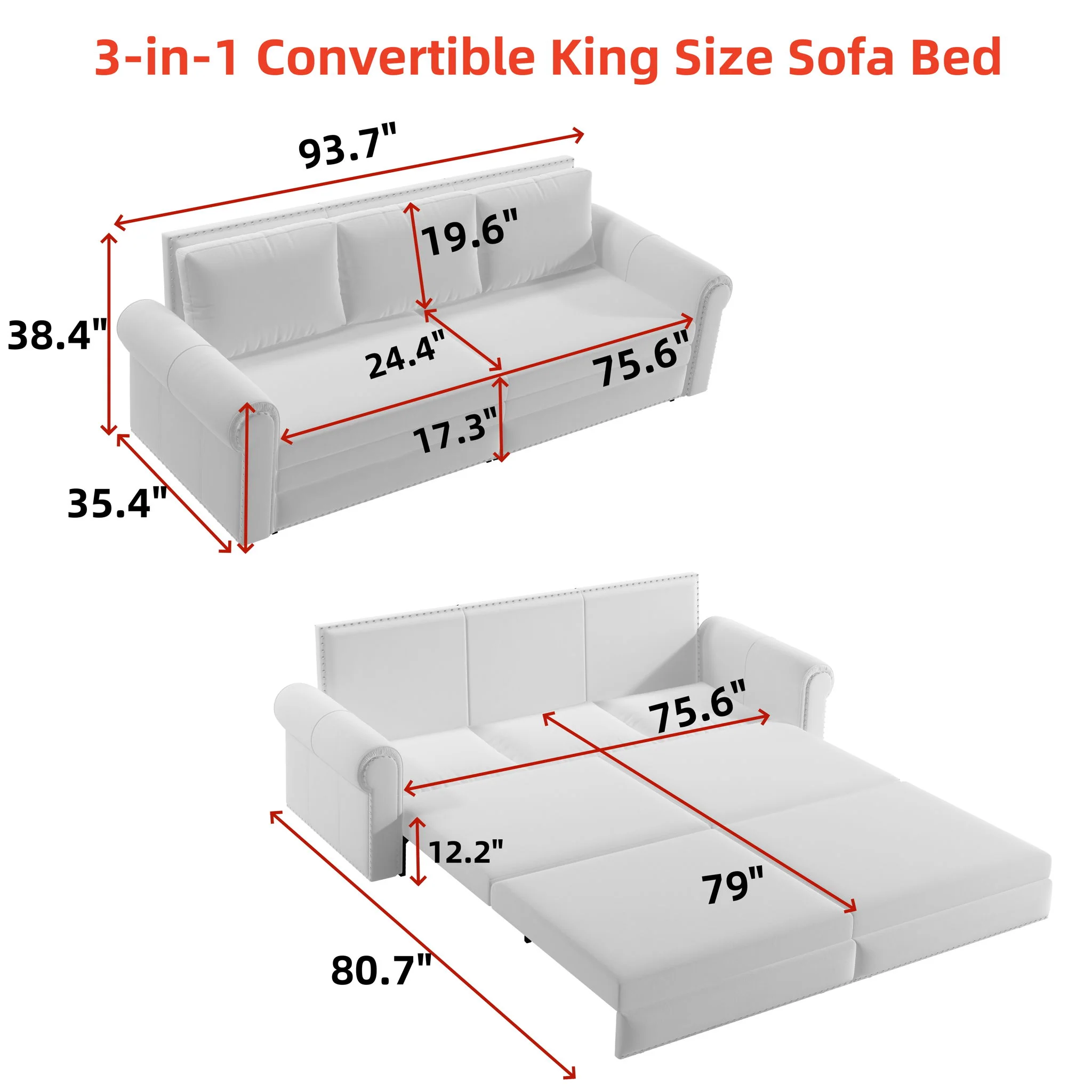 3 In 1 Convertible Sleeper Sofa With Nailhead Trim & Rolled Arm - Image 22