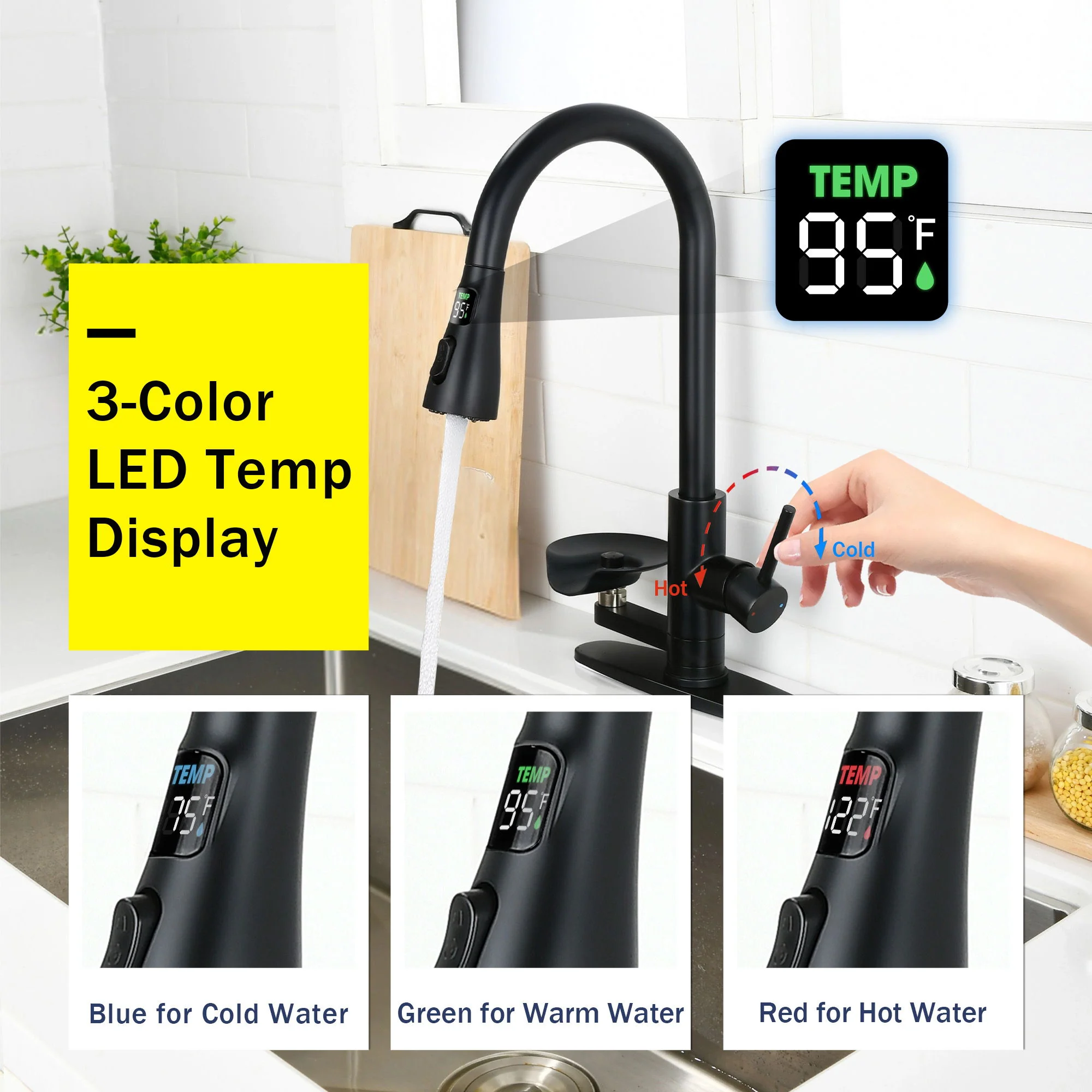 3 In 1 Kitchen Faucet With LED Temperature Display, Pull Down Sprayer - Image 6