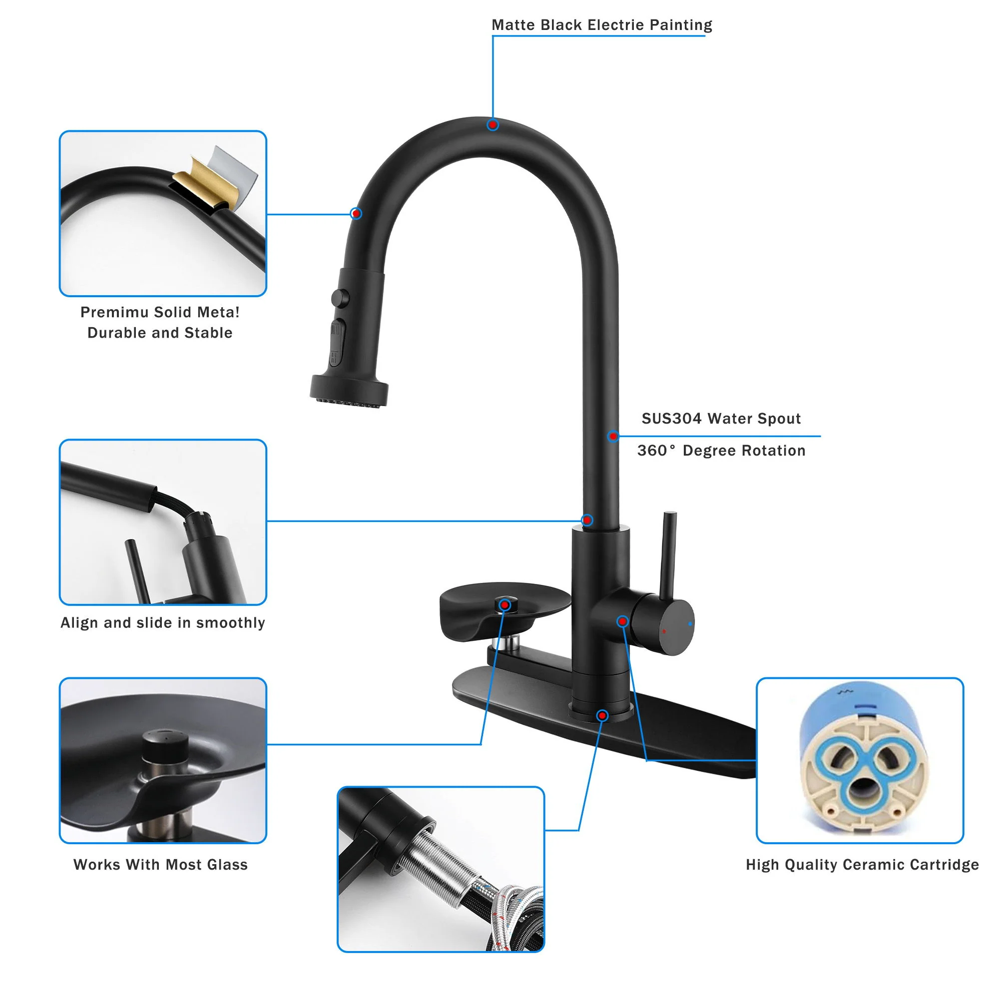 3 In 1 Kitchen Faucet With Press Type Glass Rinser, High Arc Pull Down Sprayer - Image 10