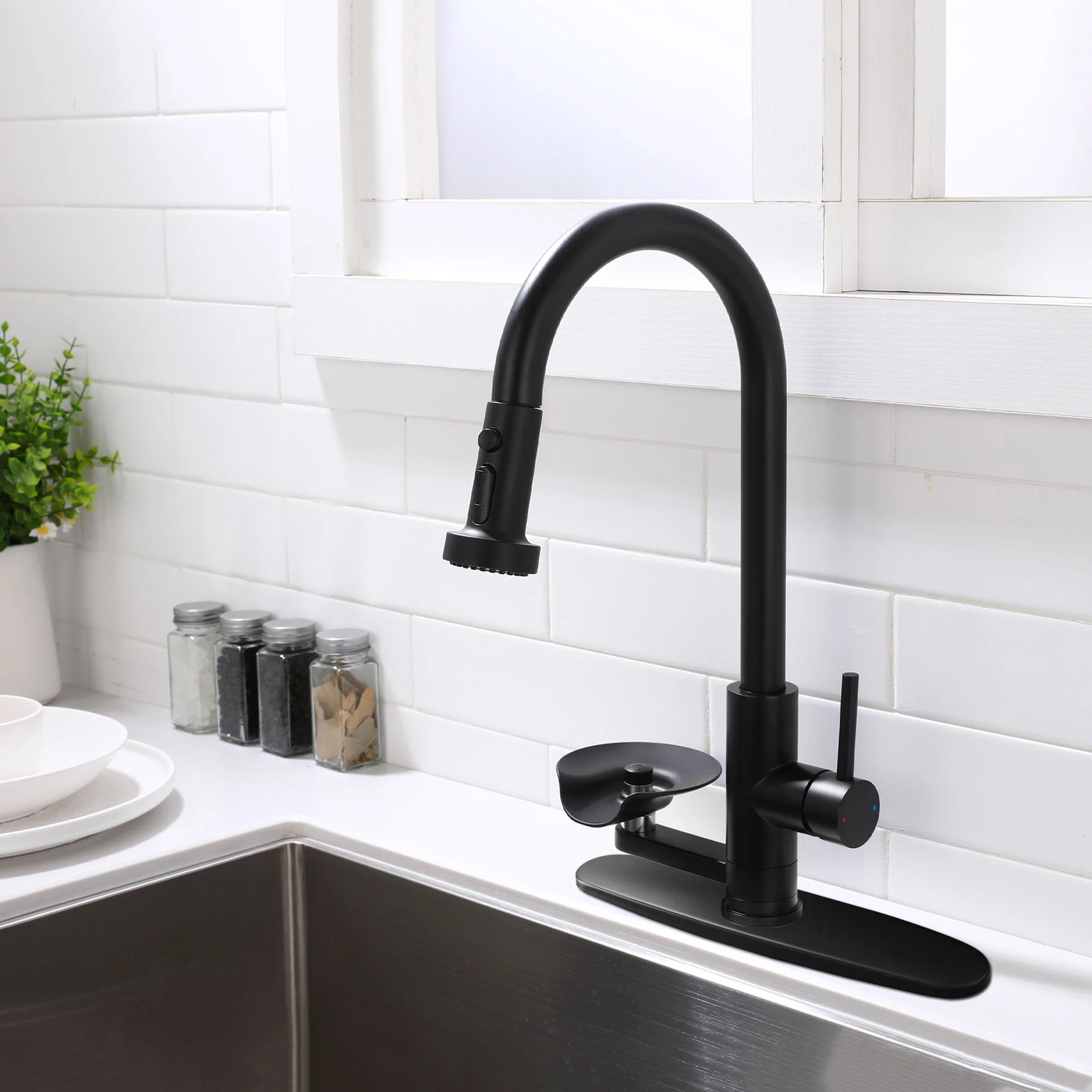 3 In 1 Kitchen Faucet With Press Type Glass Rinser, High Arc Pull Down Sprayer - Image 11