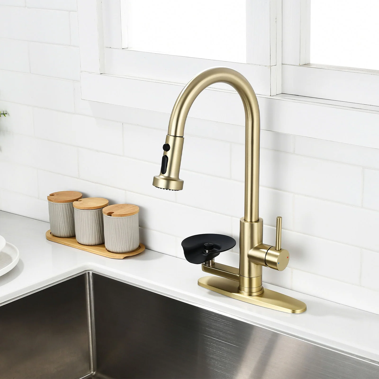 3 In 1 Kitchen Faucet With Press Type Glass Rinser, High Arc Pull Down Sprayer - Image 6
