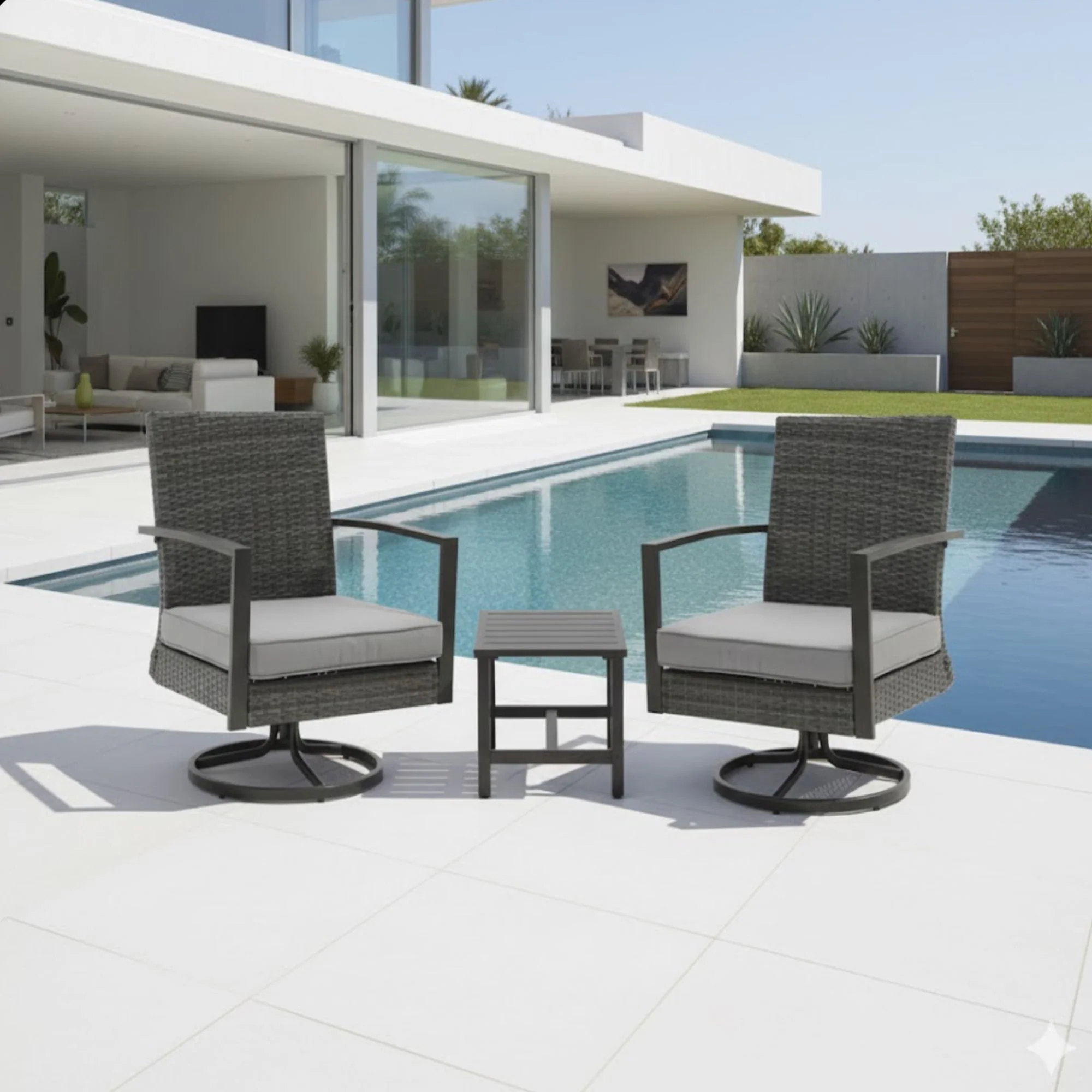 3 Piece Patio Furniture, Swivel Rocker Bistro Set With Side Table & Cushions For Porch - Gray - Image 2