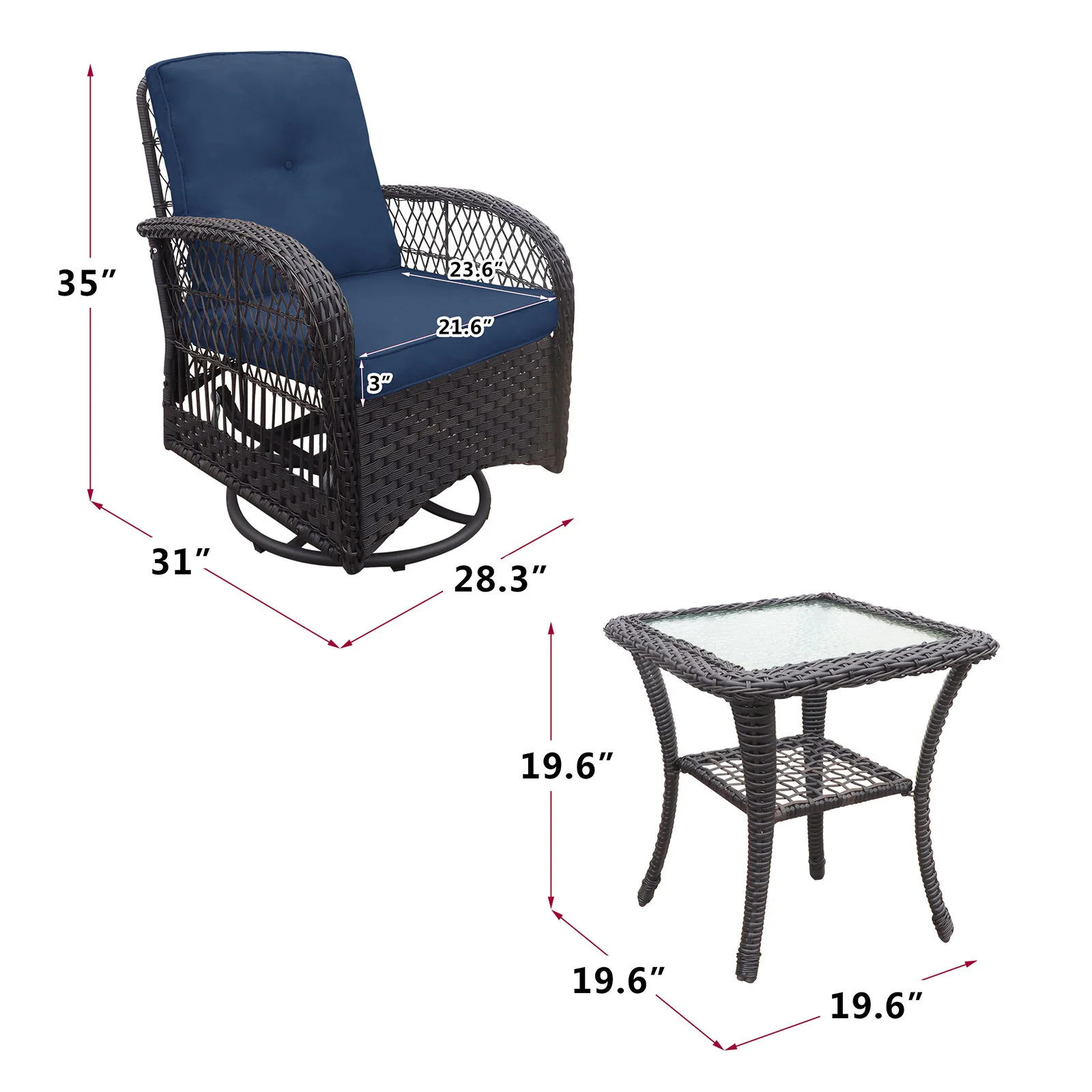 3 Pieces Conversation Set, Outdoor Wicker Rocker Swivel Patio Bistro Set, Rocking Chair With Glass Top Side Table - Image 4