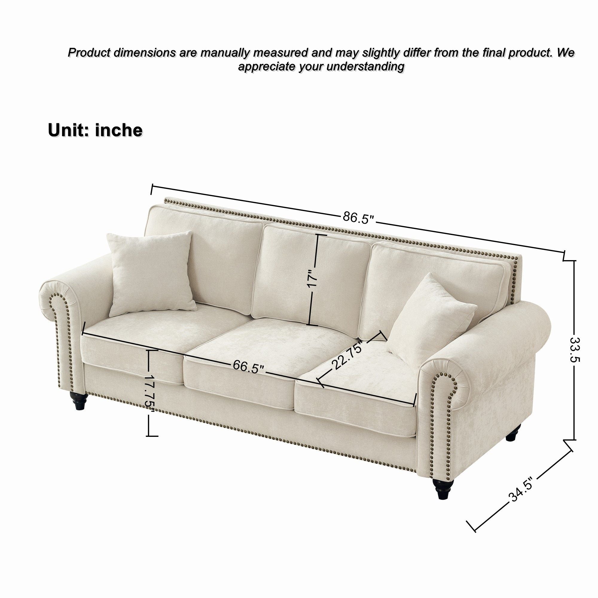 3 Seater Sofa With Tufted Upholstery, Rolled Arms, Nailhead Trim - Image 4