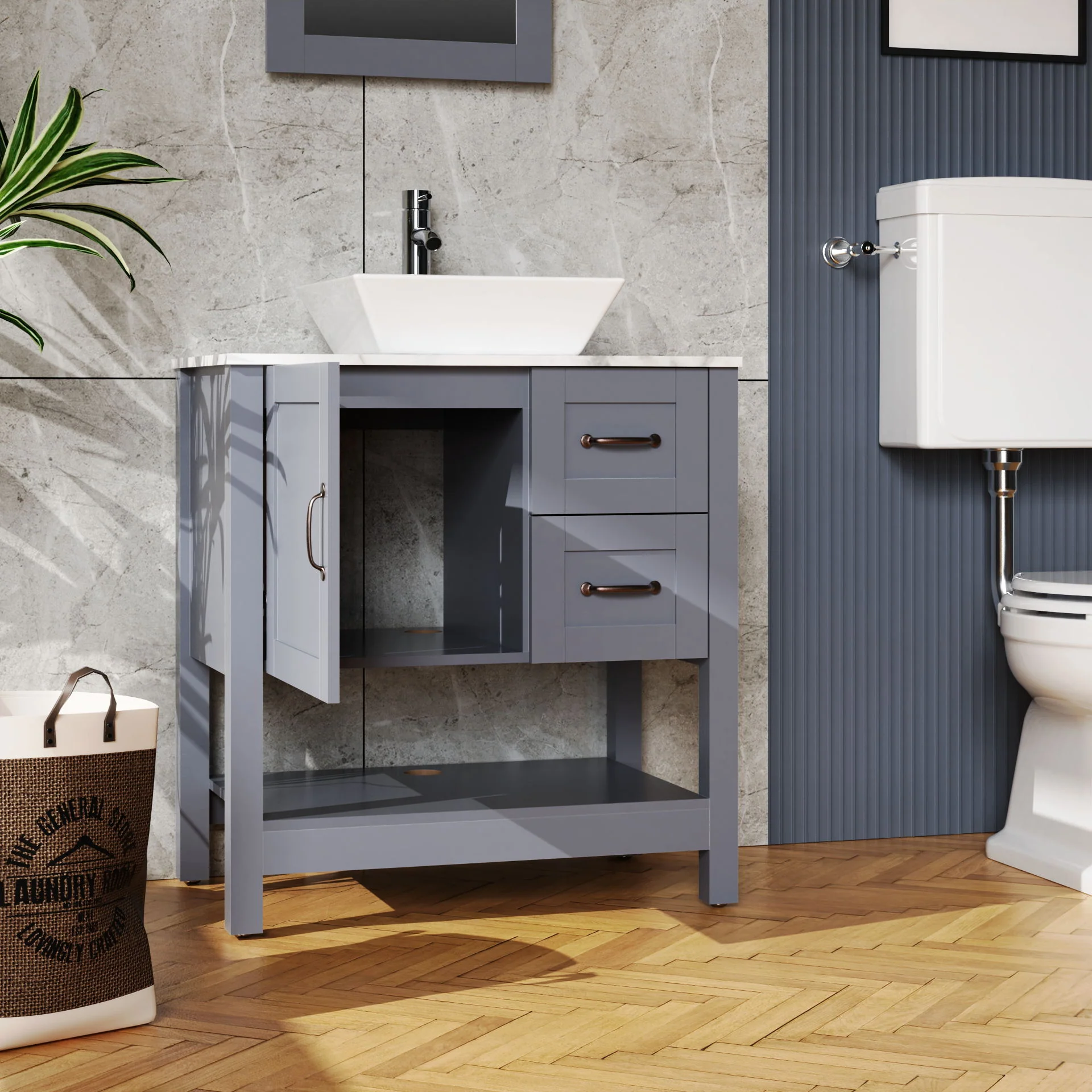30" Gray Bathroom Vanity And Sink Combo Marble Pattern Top With Mirror Faucet & Drain - Gray - Image 3