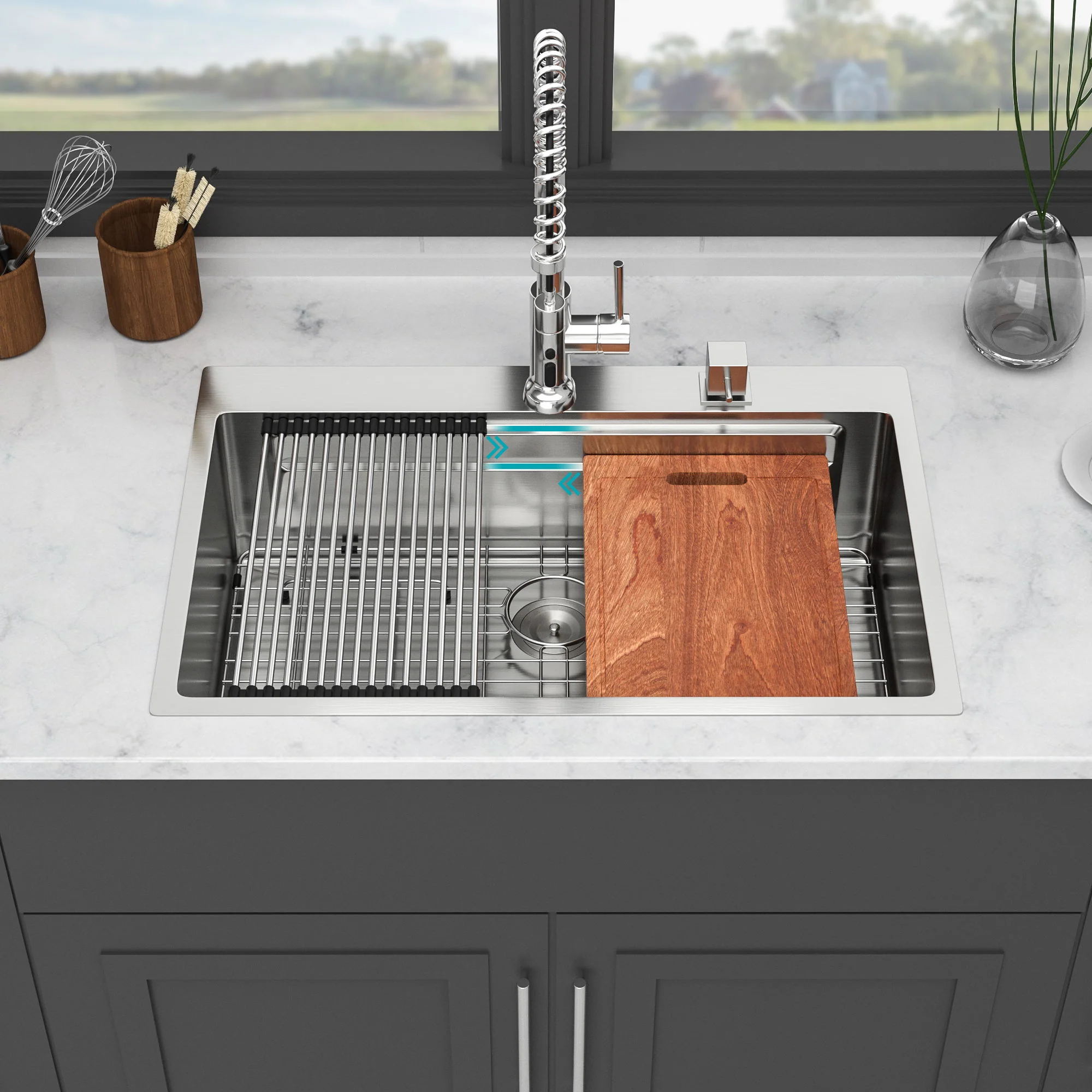 33" Drop In Kitchen Sink Single Bowl 16 Gauge Stainless Steel Ledge Workstation - Black - Image 2