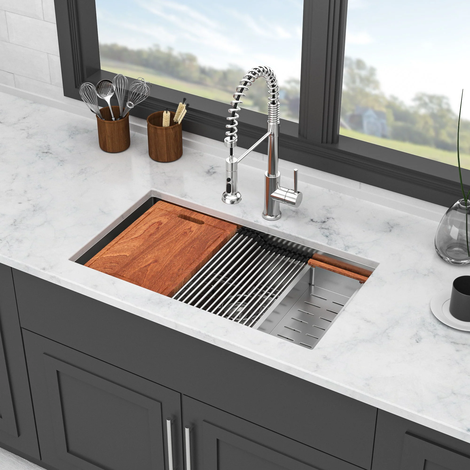 33" Undermount Kitchen Sink Single Bowl Ledge Workstation In 16 Gauge Stainless Steel - White - Image 3