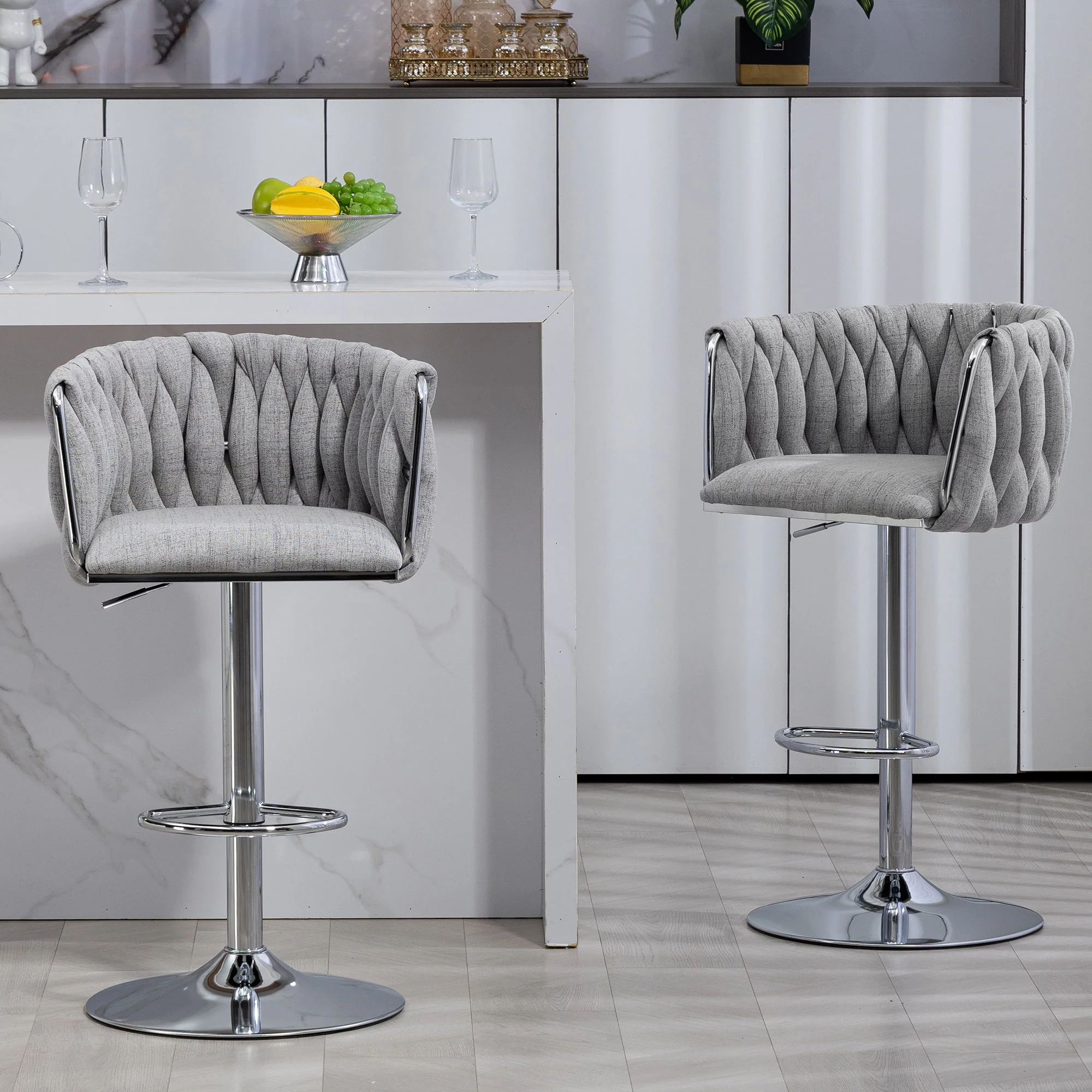360 Degree Swivel Bar Stools Adjustable Counter Height Bar Chairs With Woven Back & Footrest, Silver Chromed Bar Stools For Kitchen Island (Set of 2) - Gray - Image 2
