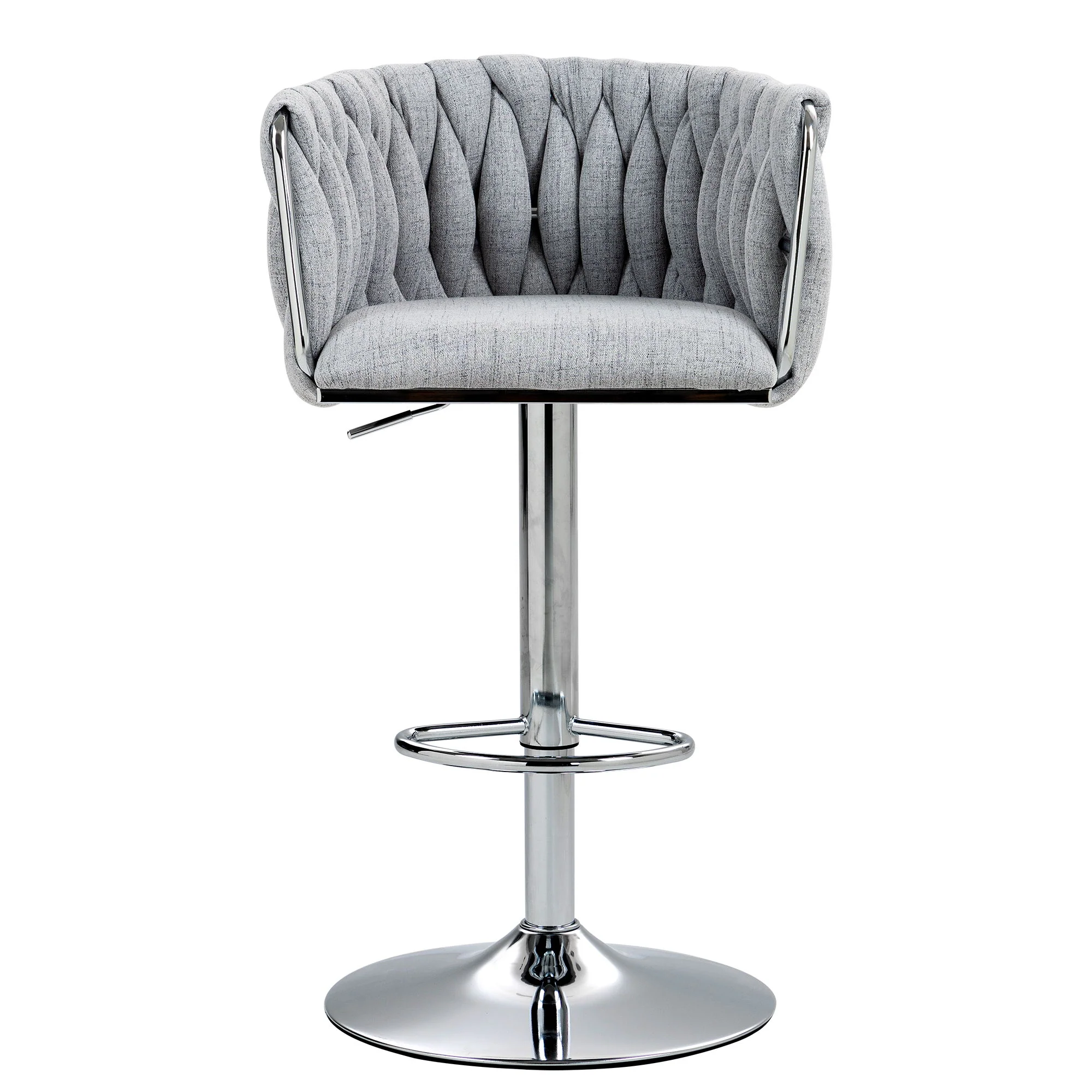 360 Degree Swivel Bar Stools Adjustable Counter Height Bar Chairs With Woven Back & Footrest, Silver Chromed Bar Stools For Kitchen Island (Set of 2) - Gray - Image 3