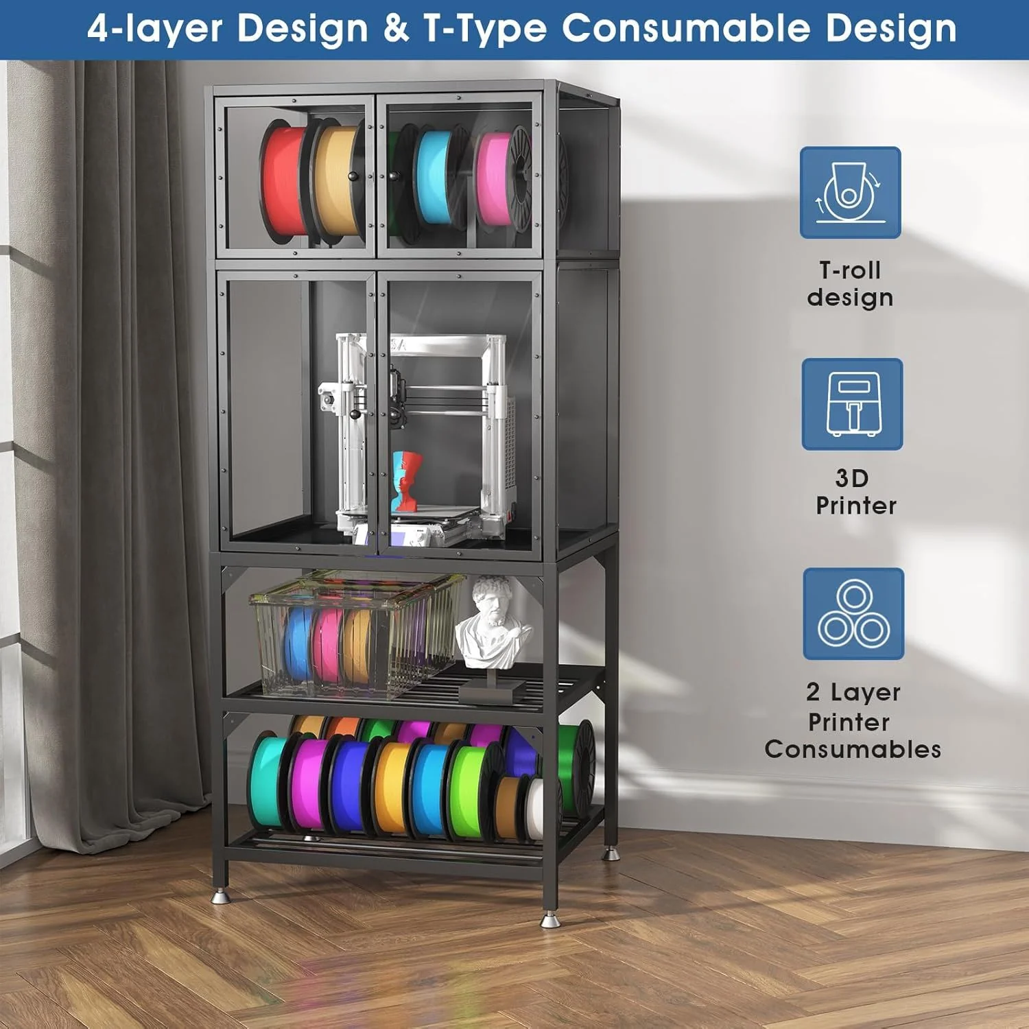 3D Printer Cabinet With Double Layer Filament Storage, Noise Reducing Design - Black - Image 2
