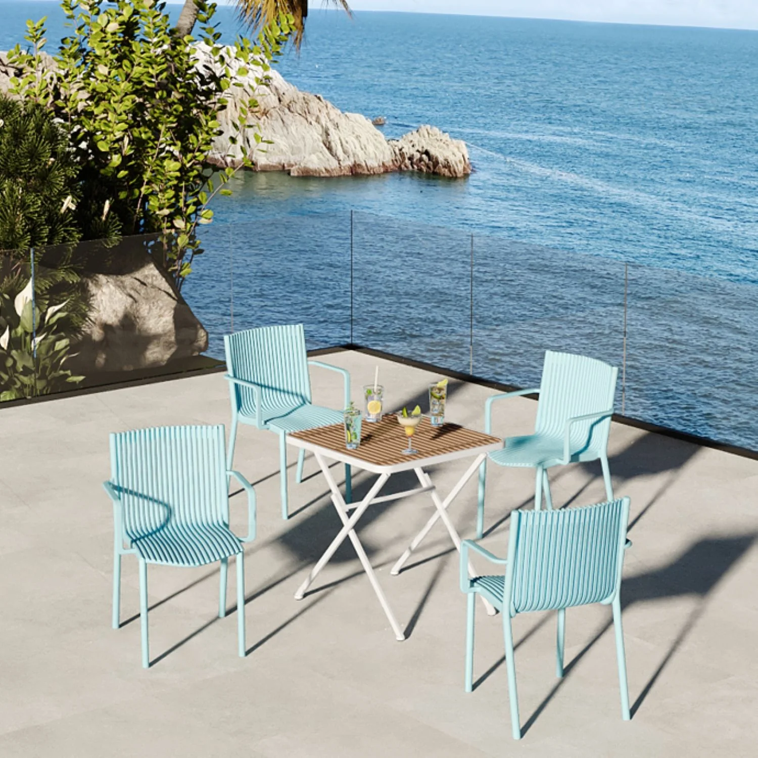 4 Modern Stackable Plastic Armchair Matched With Folding Square Table - Image 3