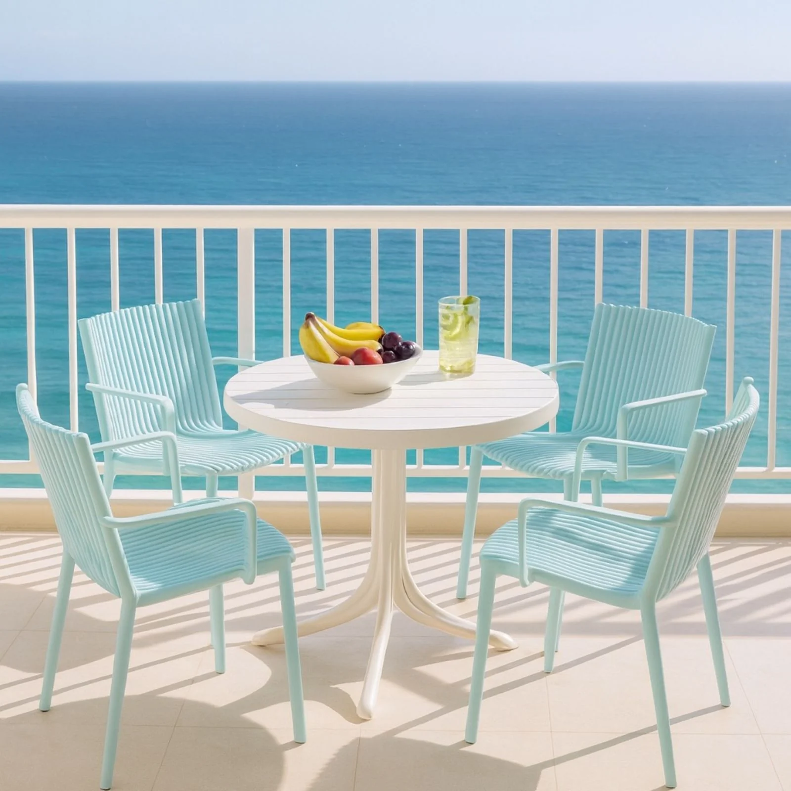 4 Modern Stackable Plastic Armchair Matched With Round Table - Image 3
