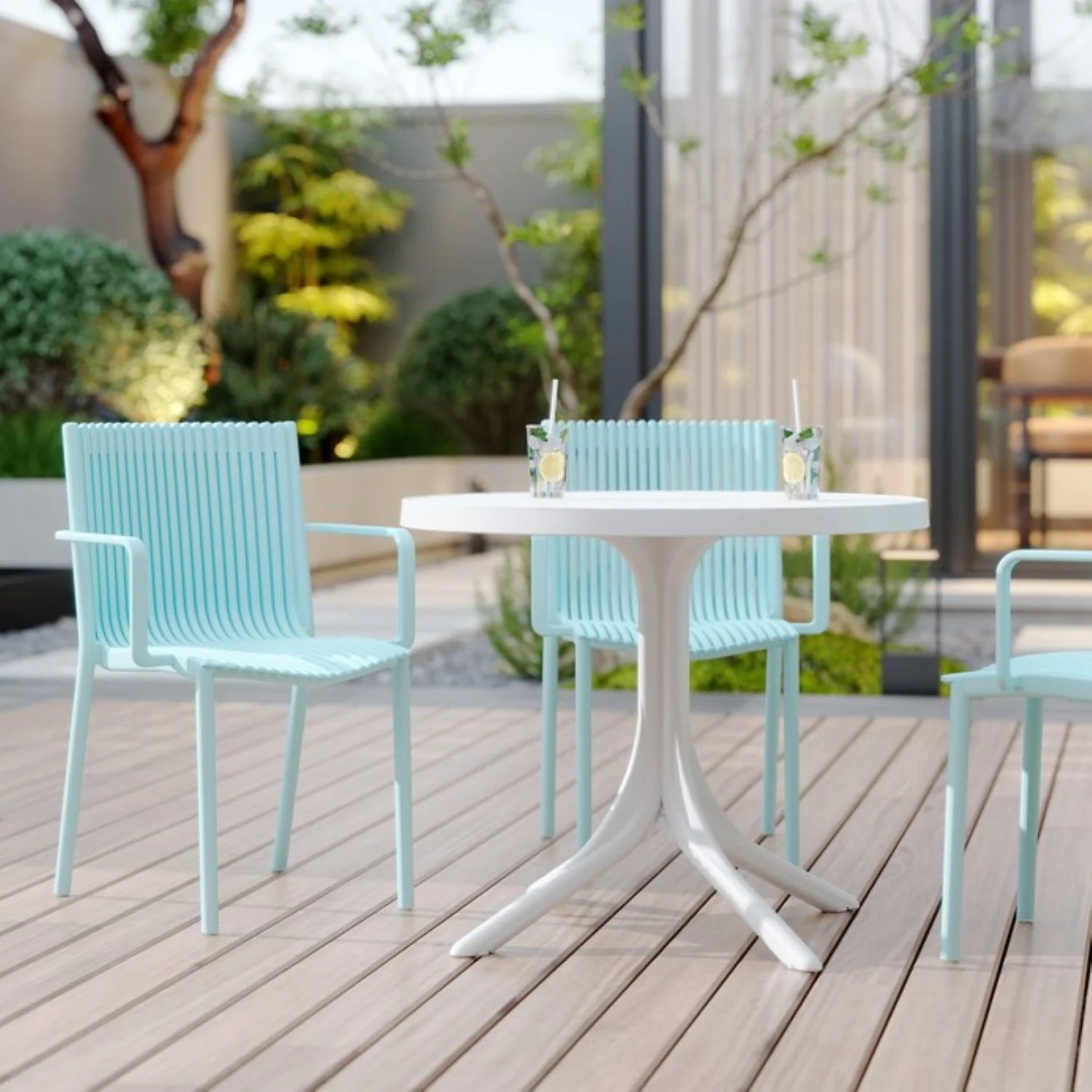 4 Modern Stackable Plastic Armchair Matched With Round Table - Image 5