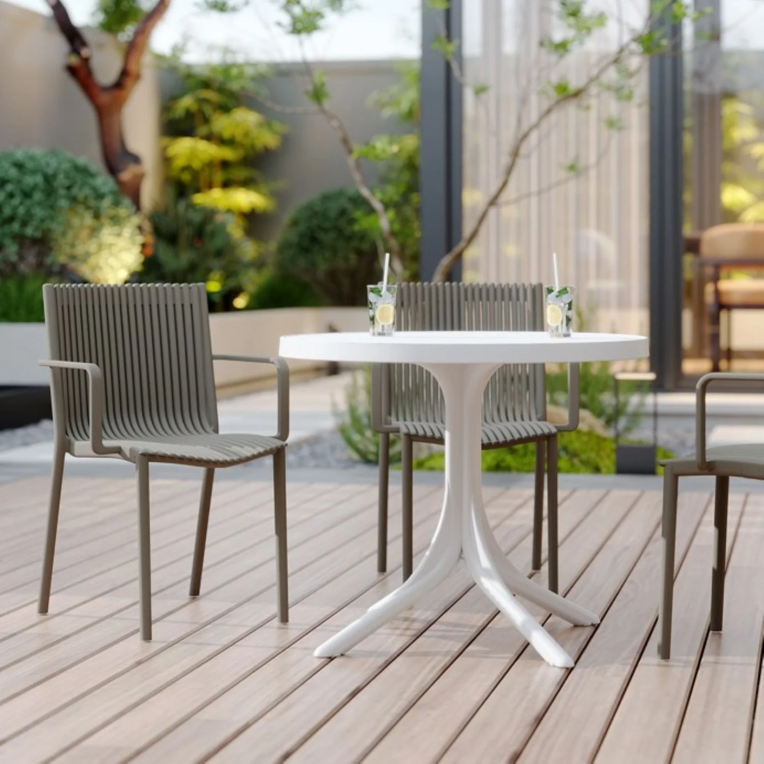 4 Modern Stackable Plastic Armchair Matched With Round Table - Image 6