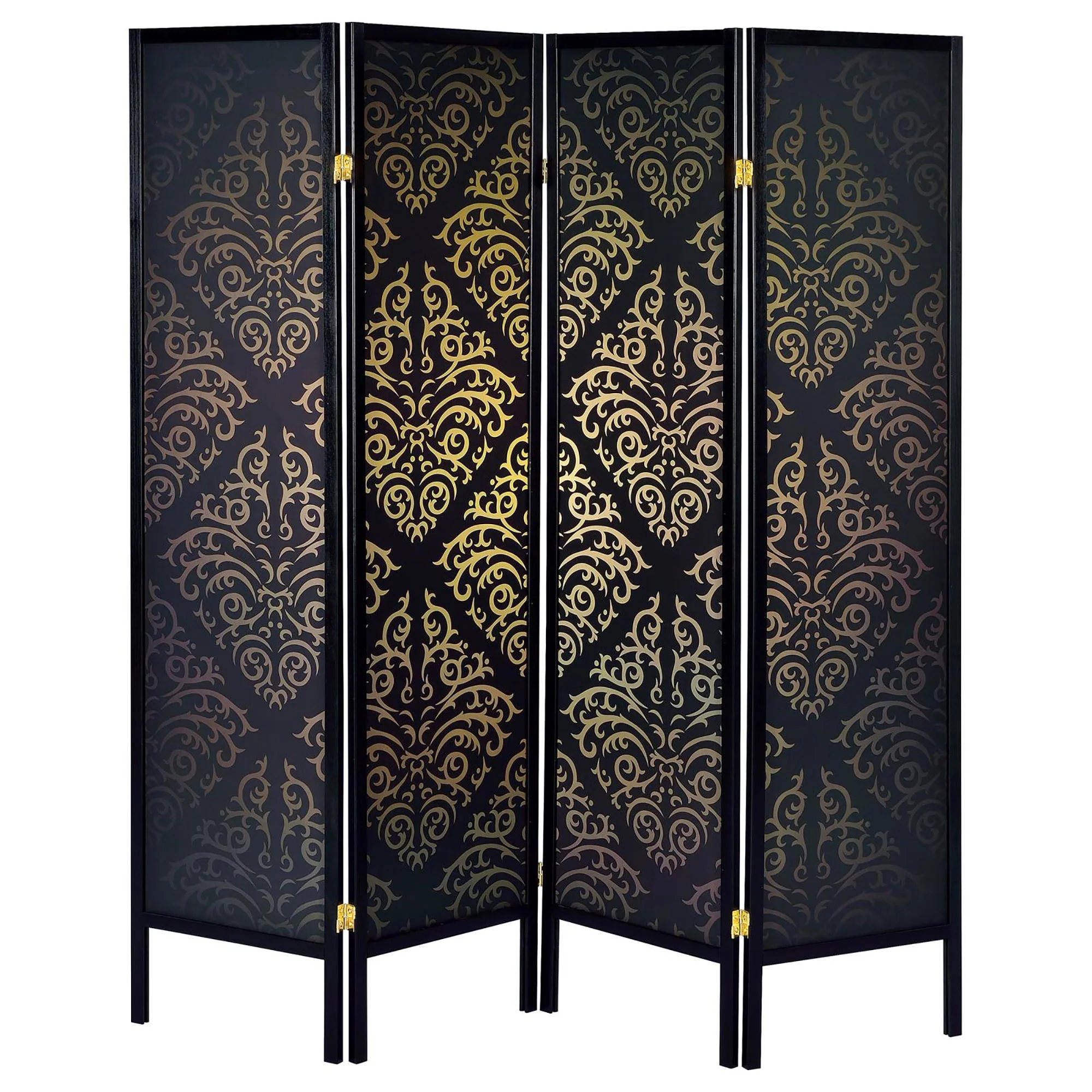 4 Panel Folding Screen With Diamond Scrollwork Motif - Black - Image 4