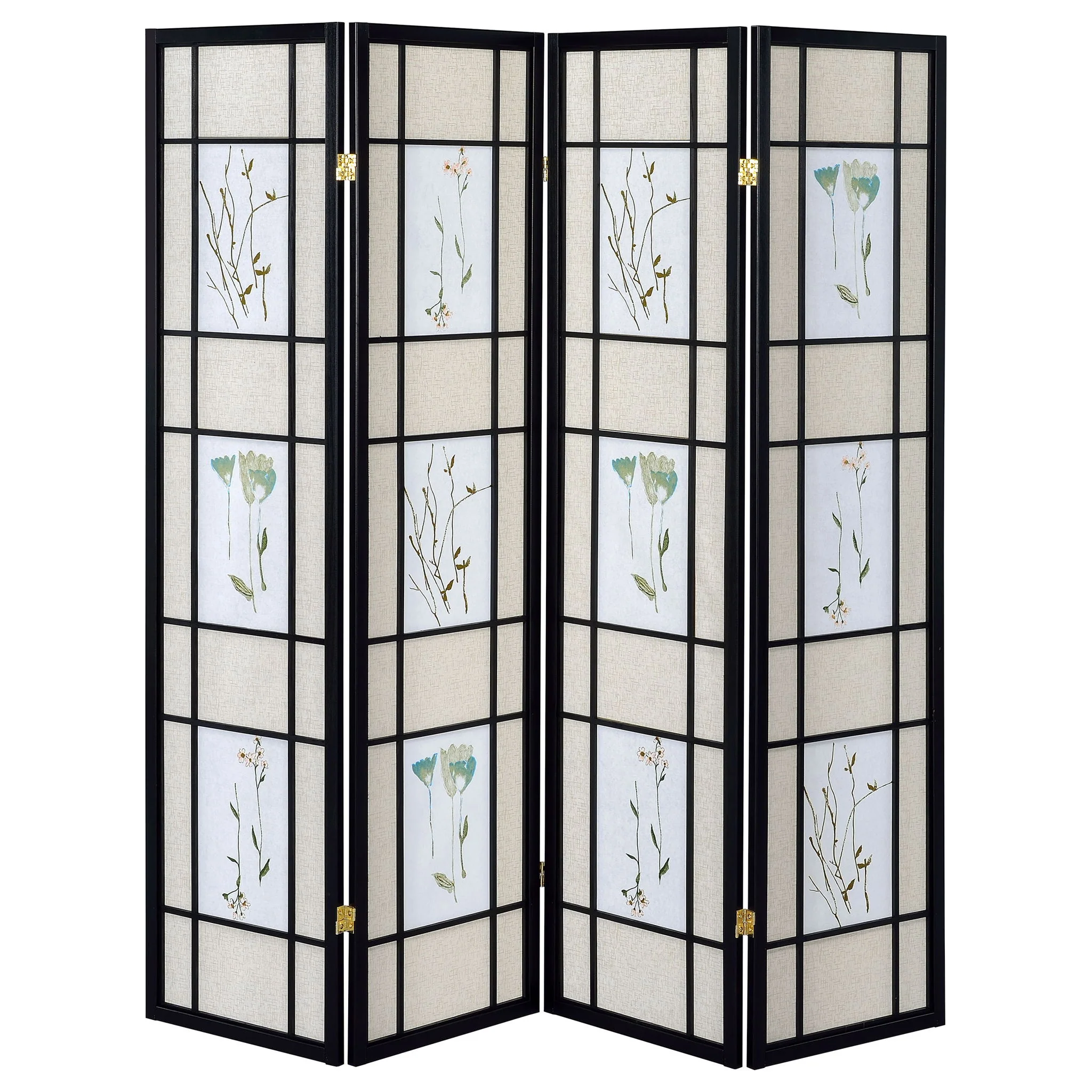 4 Panel Folding Screen With Floral Motif - Black - Image 2