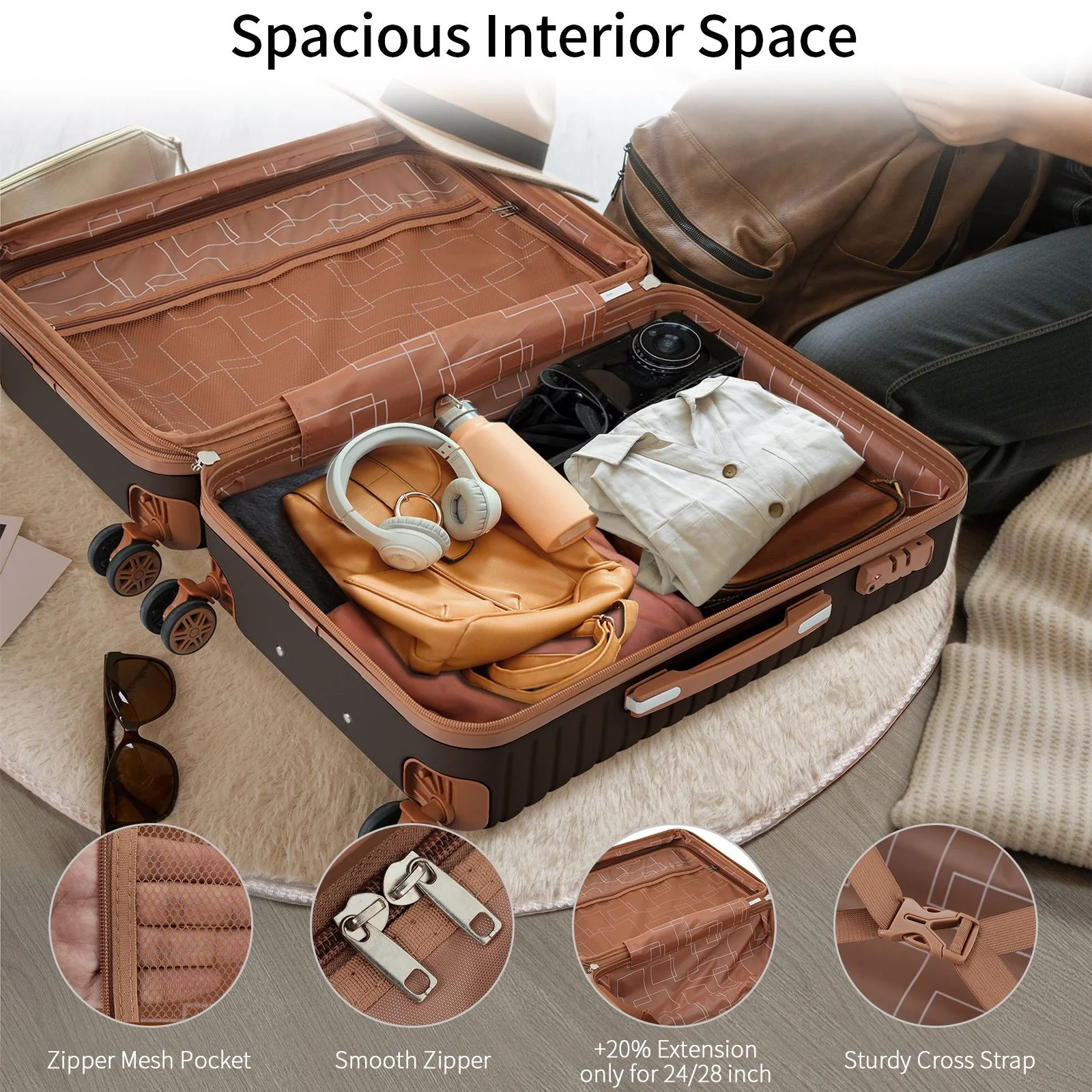 4 Piece Luggage Set Suitcase Set, Abs Hard Shell Lightweight Expandable Travel Luggage With 4 Packing Cubes, Tsa Lock, Spinner Wheels (16 / 20 / 24 / 28) - Coffee - Image 3
