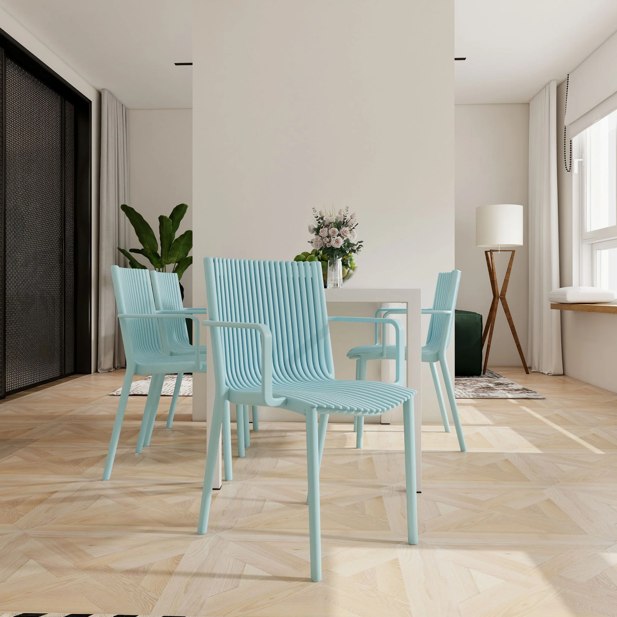 4 Piece Stackable Single Chairs With Vertical Stripe Design For All Weather - Image 3