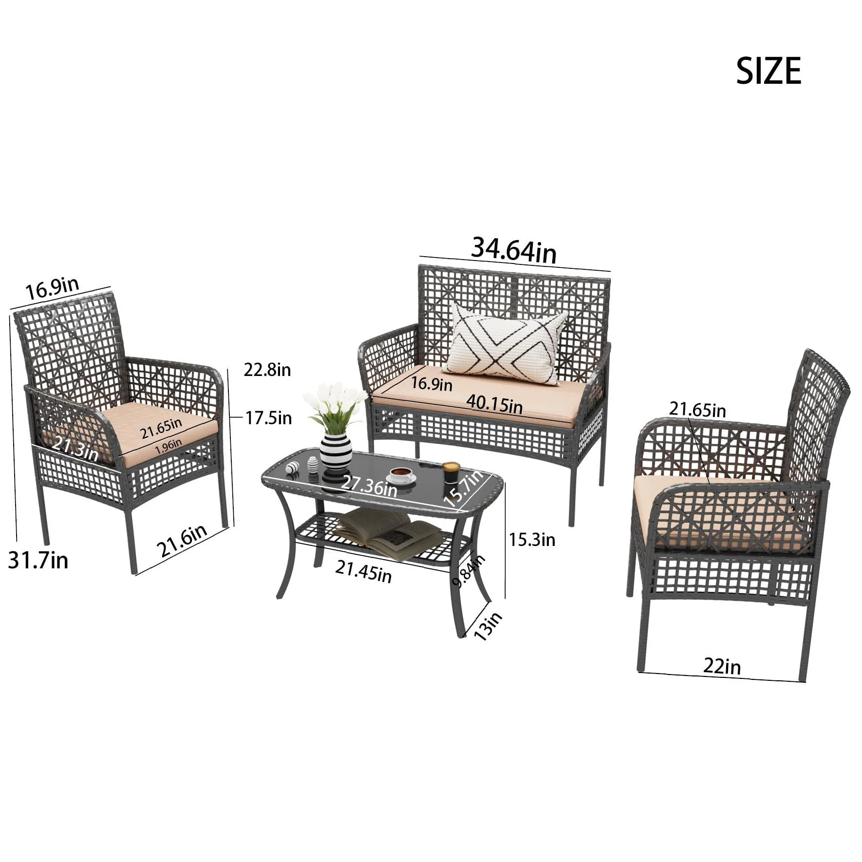 4 Pieces Rattan Wicker Chairs With Tempered Glass Table And Cushions - Image 8