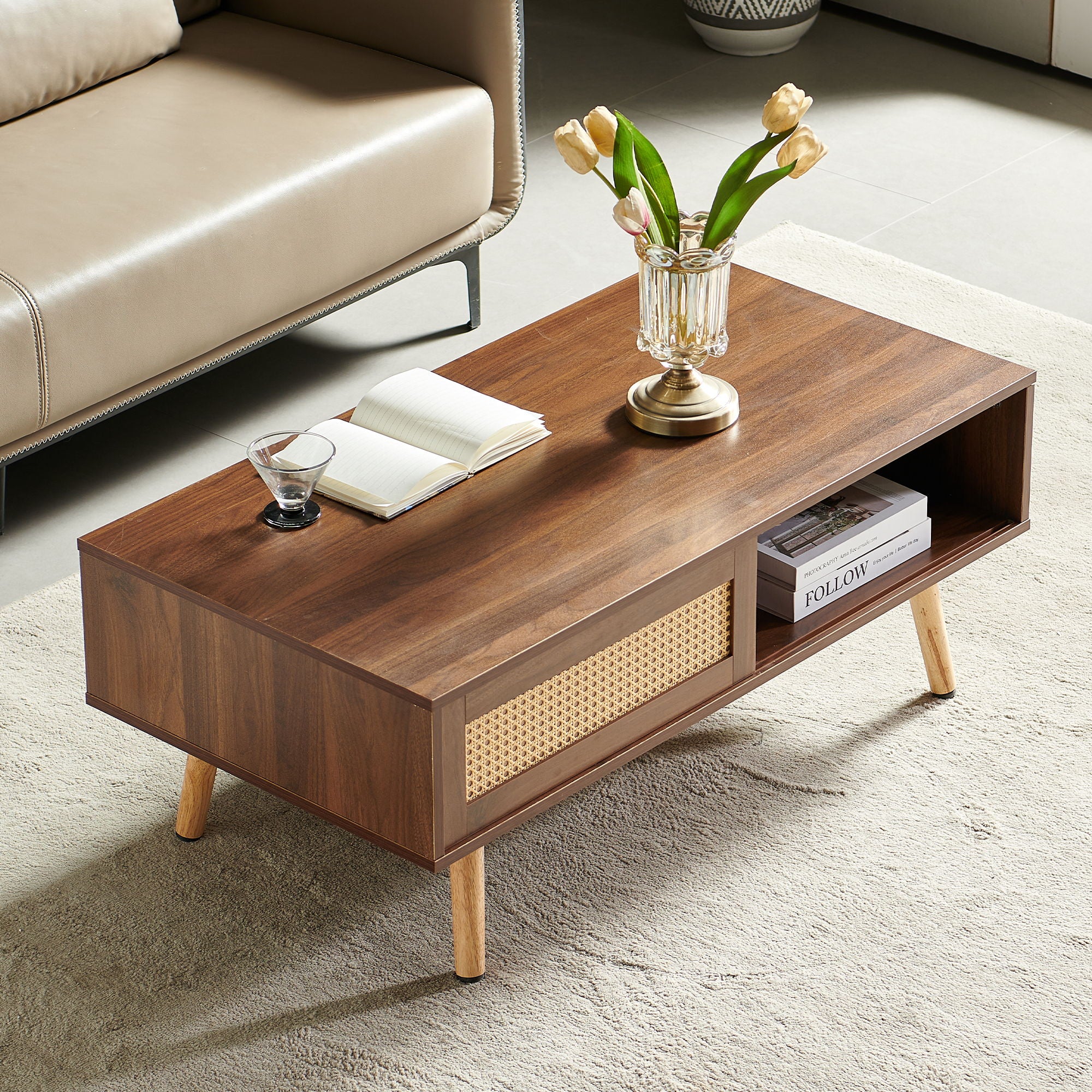 41.34" Rattan Coffee Table, Sliding Door For Storage, Solid Wood Legs, Modern Table For Living Room - Image 6