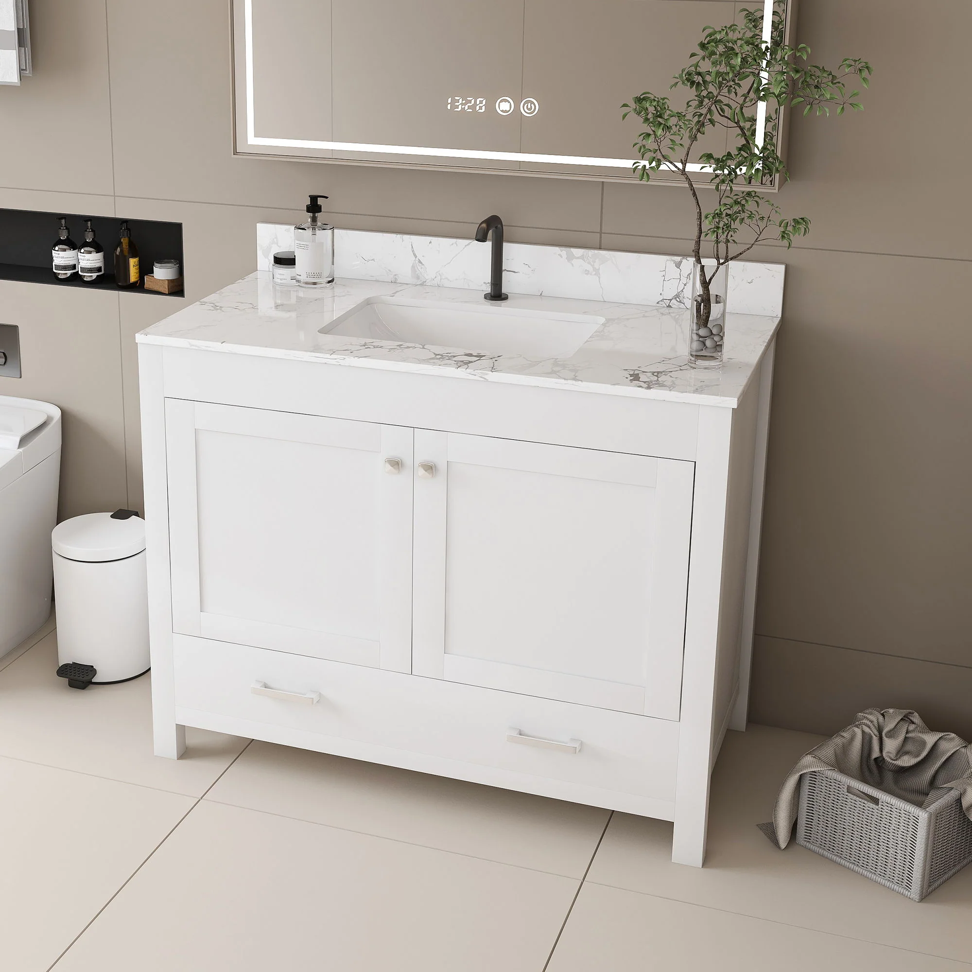 43" Bathroom Vanity With Artificial Marble Carrara Top Set, Multi Functional Cabinet With Doors And Drawer - White - Image 2