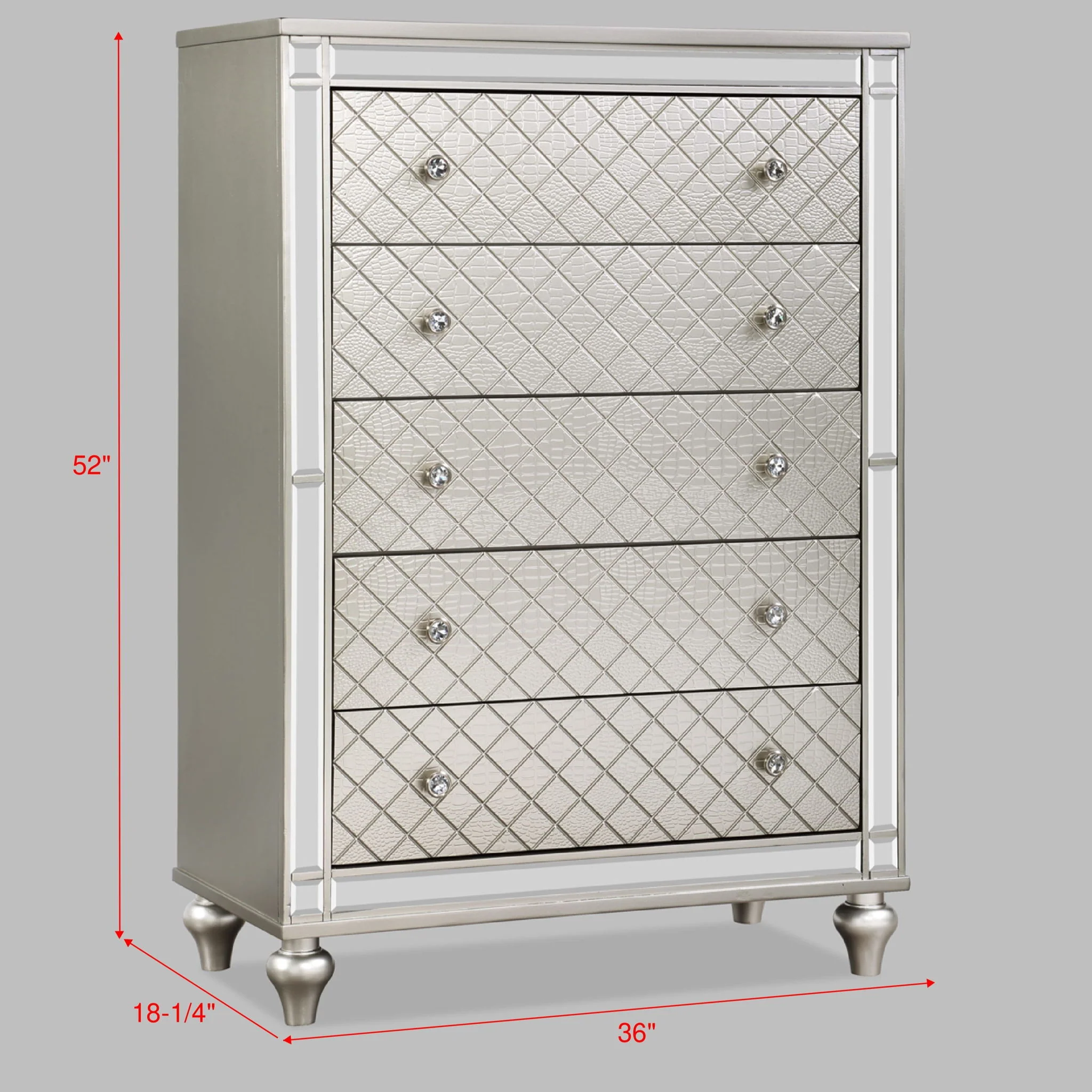 5 Drawer Bedroom Chest With Diamond Patterned Fronts - Silver - Image 3