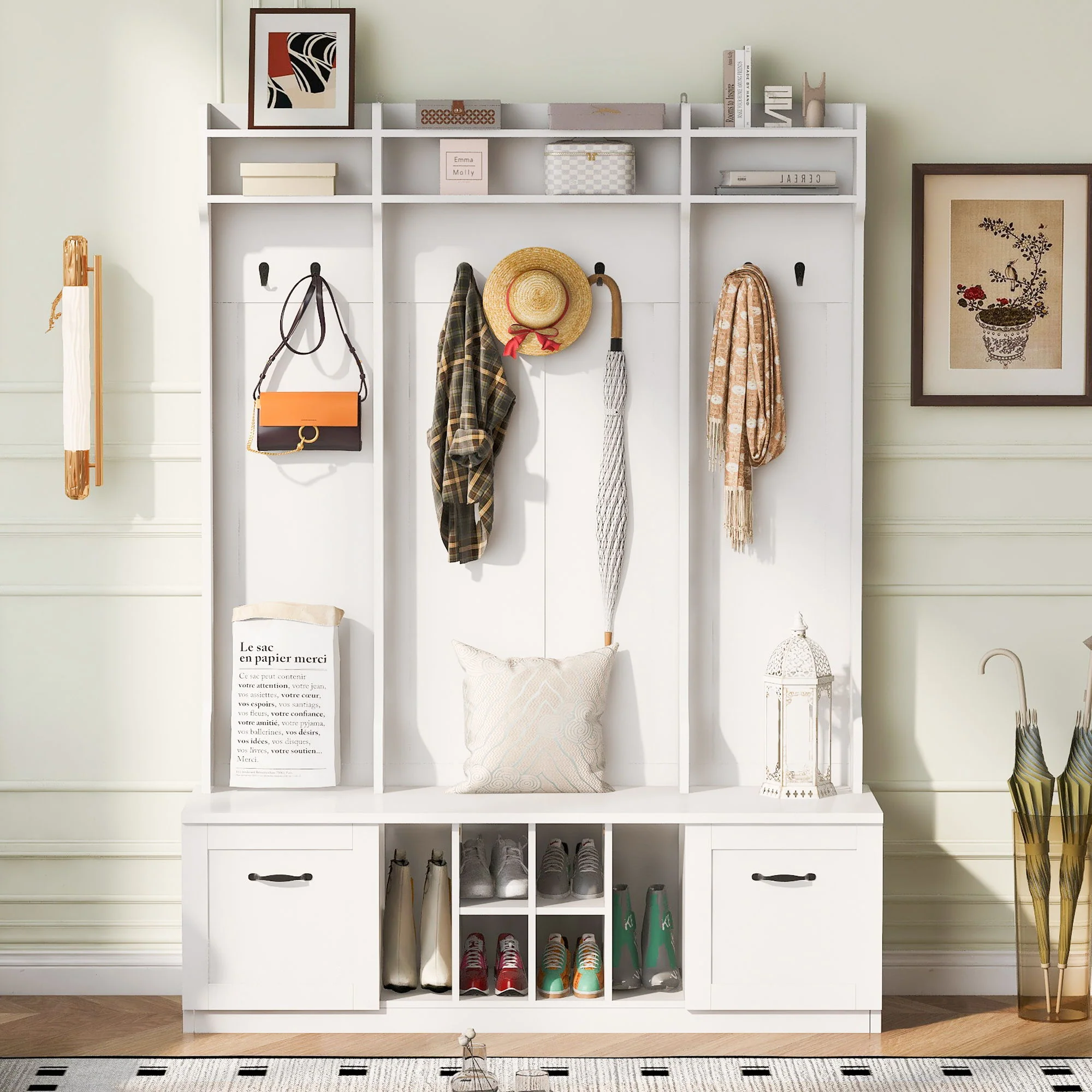 5 In 1 Entryway Bench With Coat Rack, 7 Sturdy Hooks, 2 Spacious Drawers And Adjustable Shelves - Image 3