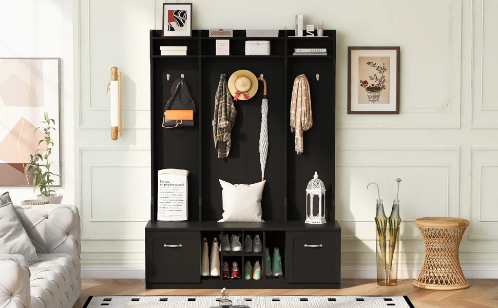 5 In 1 Entryway Bench With Coat Rack, 7 Sturdy Hooks, 2 Spacious Drawers And Adjustable Shelves - Image 4