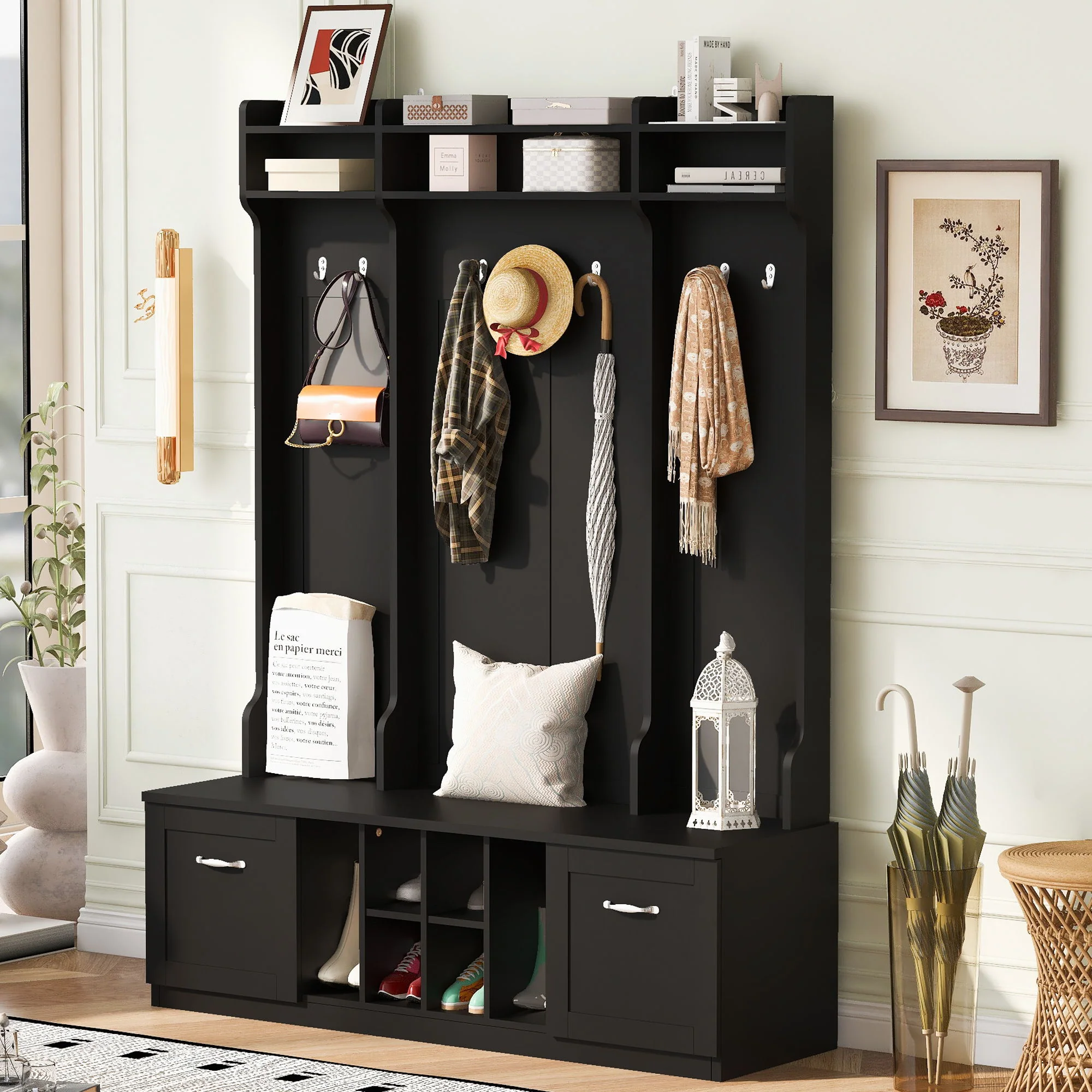 5 In 1 Entryway Bench With Coat Rack, 7 Sturdy Hooks, 2 Spacious Drawers And Adjustable Shelves - Image 5
